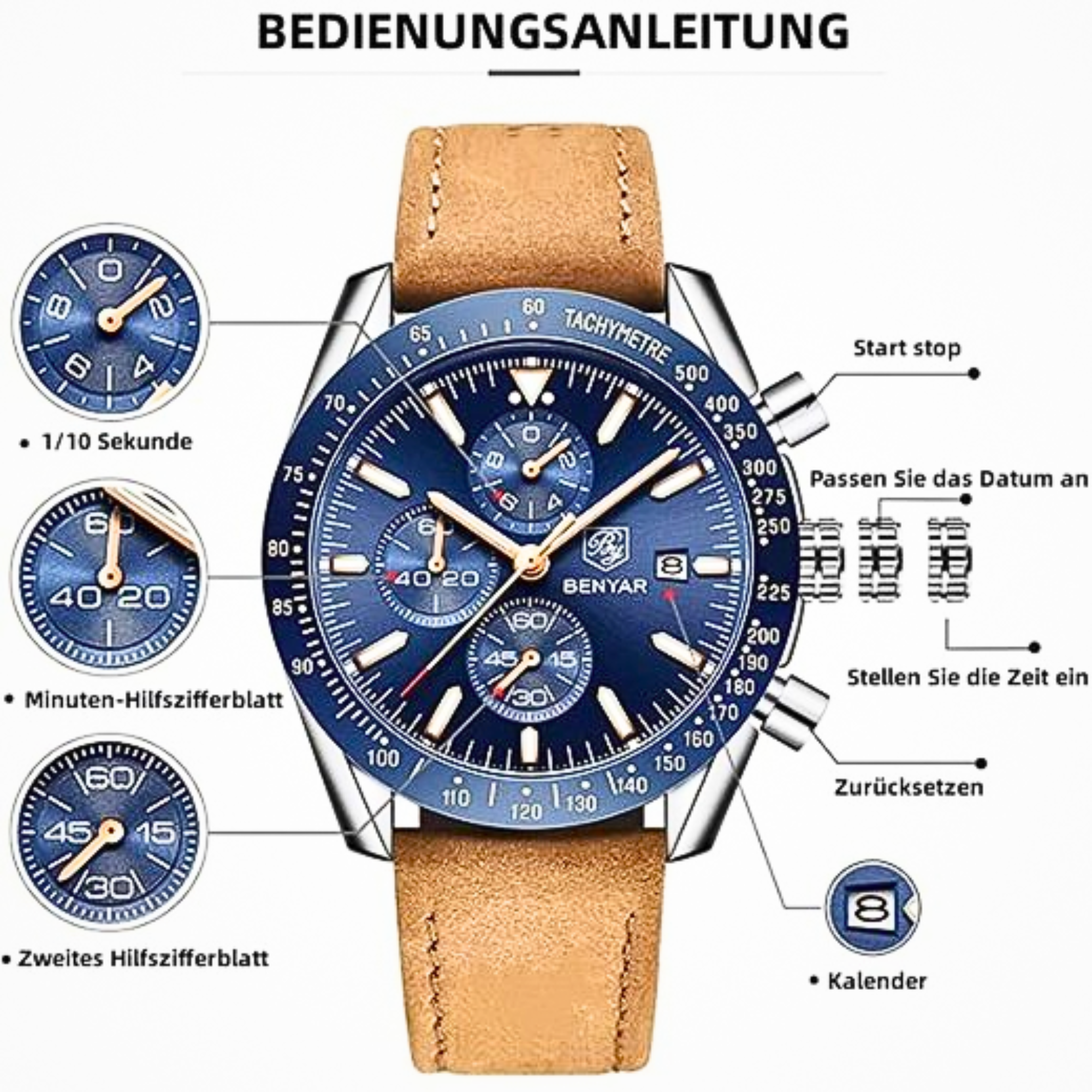 Un reloj azul con correa de cuero, con varios diales y un calendario.