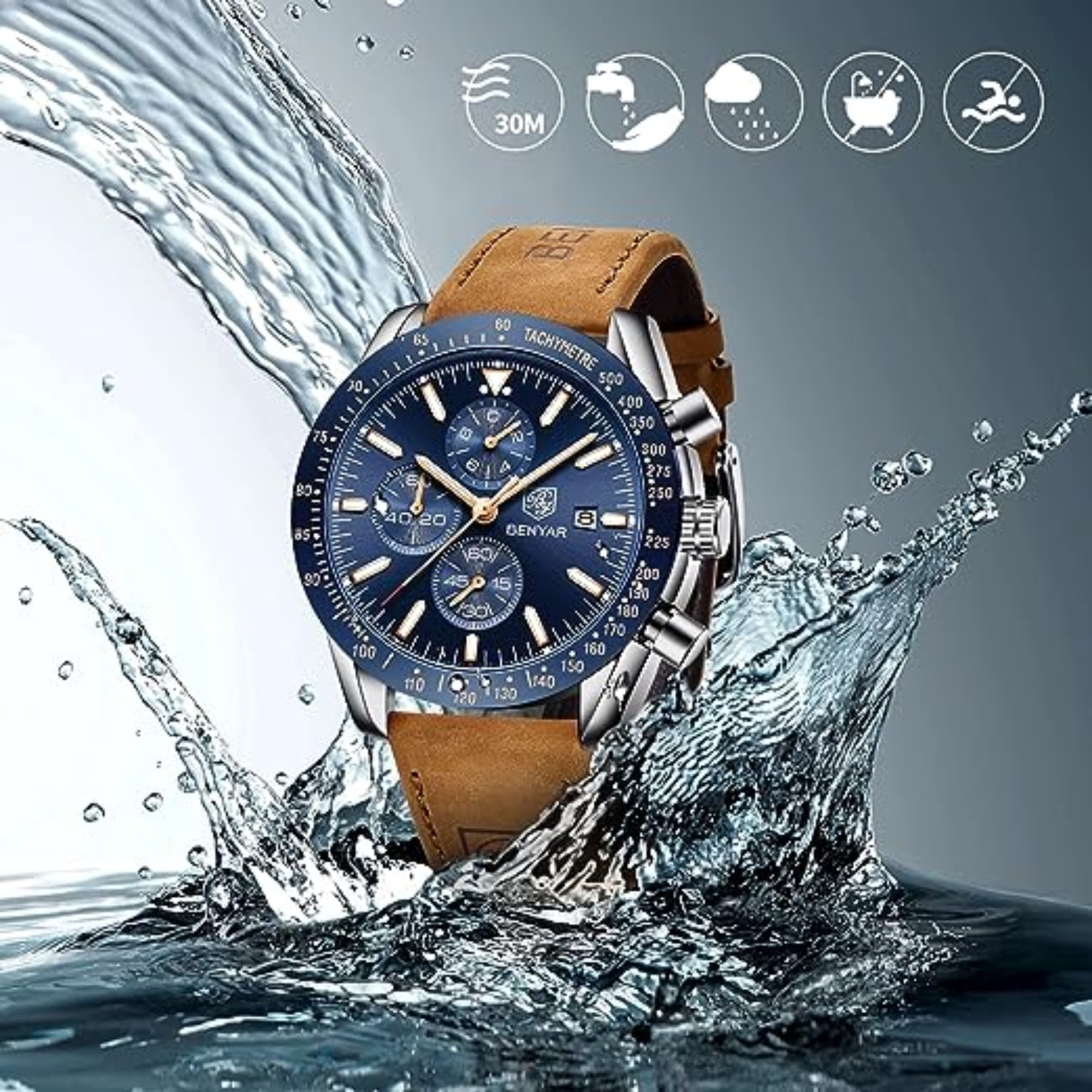 Un reloj con esfera azul y correa de cuero marrón. El agua salpica alrededor del reloj.