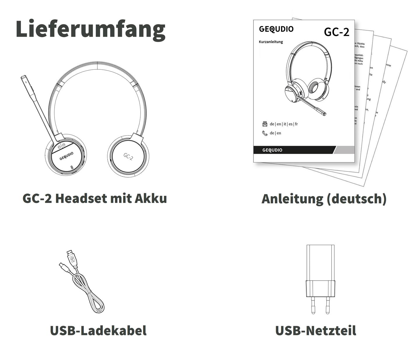 Diagramm eines Headsets, Ladegeräts und Anweisungen. Text auf Deutsch.