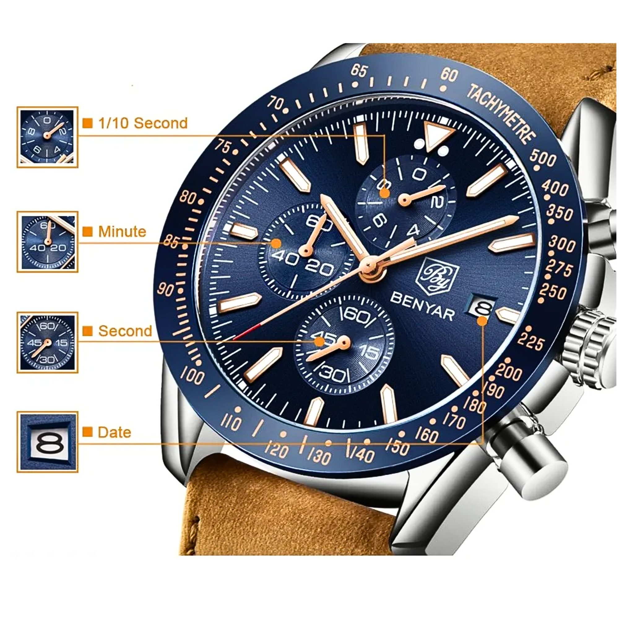 Un reloj azul y dorado con correa de cuero. Muestra la hora y otras funciones. Primer plano.