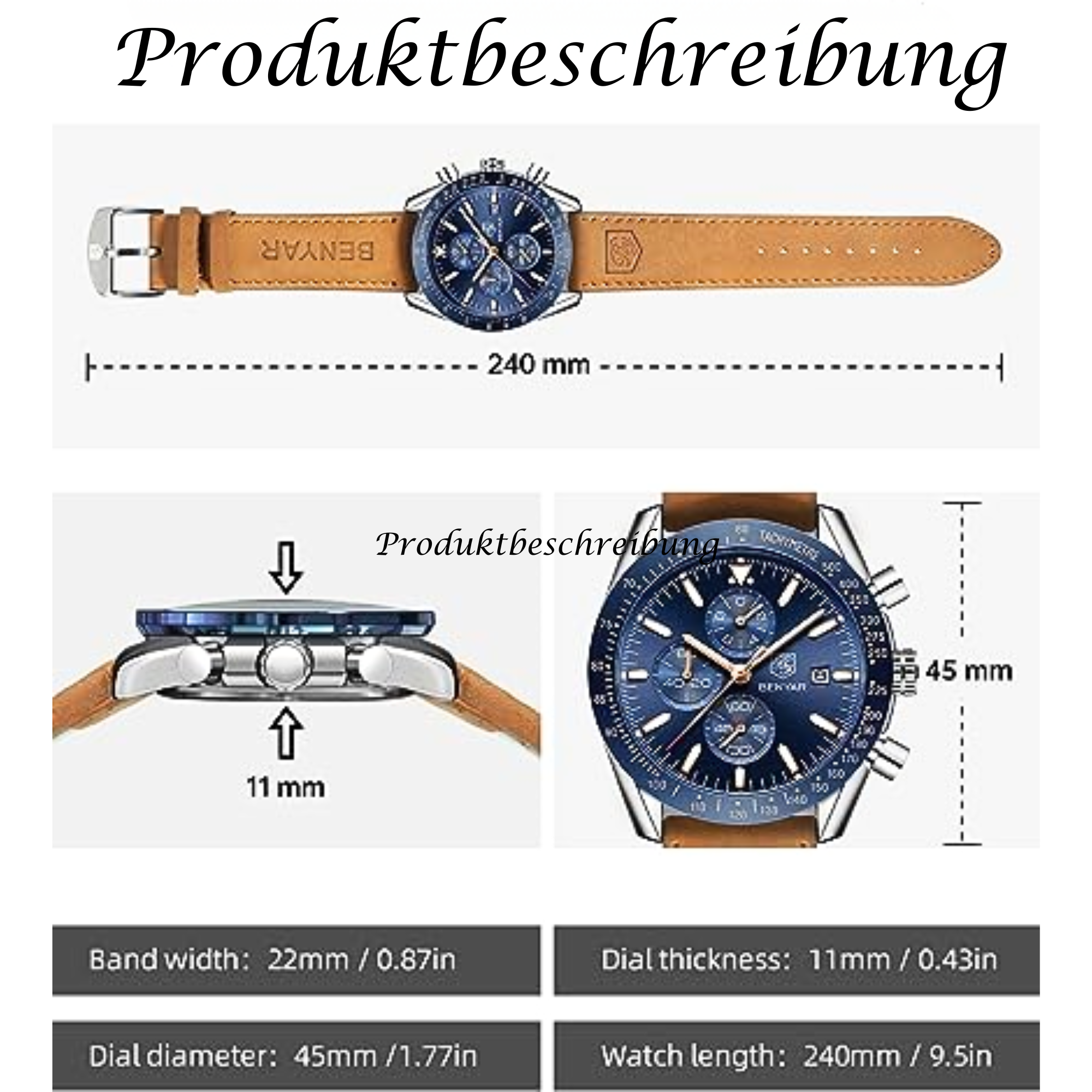 Un reloj con correa de cuero marrón, detalles del producto que incluyen dimensiones y medidas.