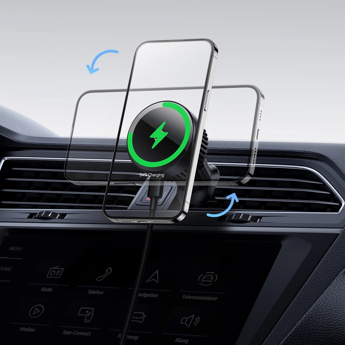 Een telefoonhouder voor in de auto met draadloos opladen. Telefoon toont laadstatus.