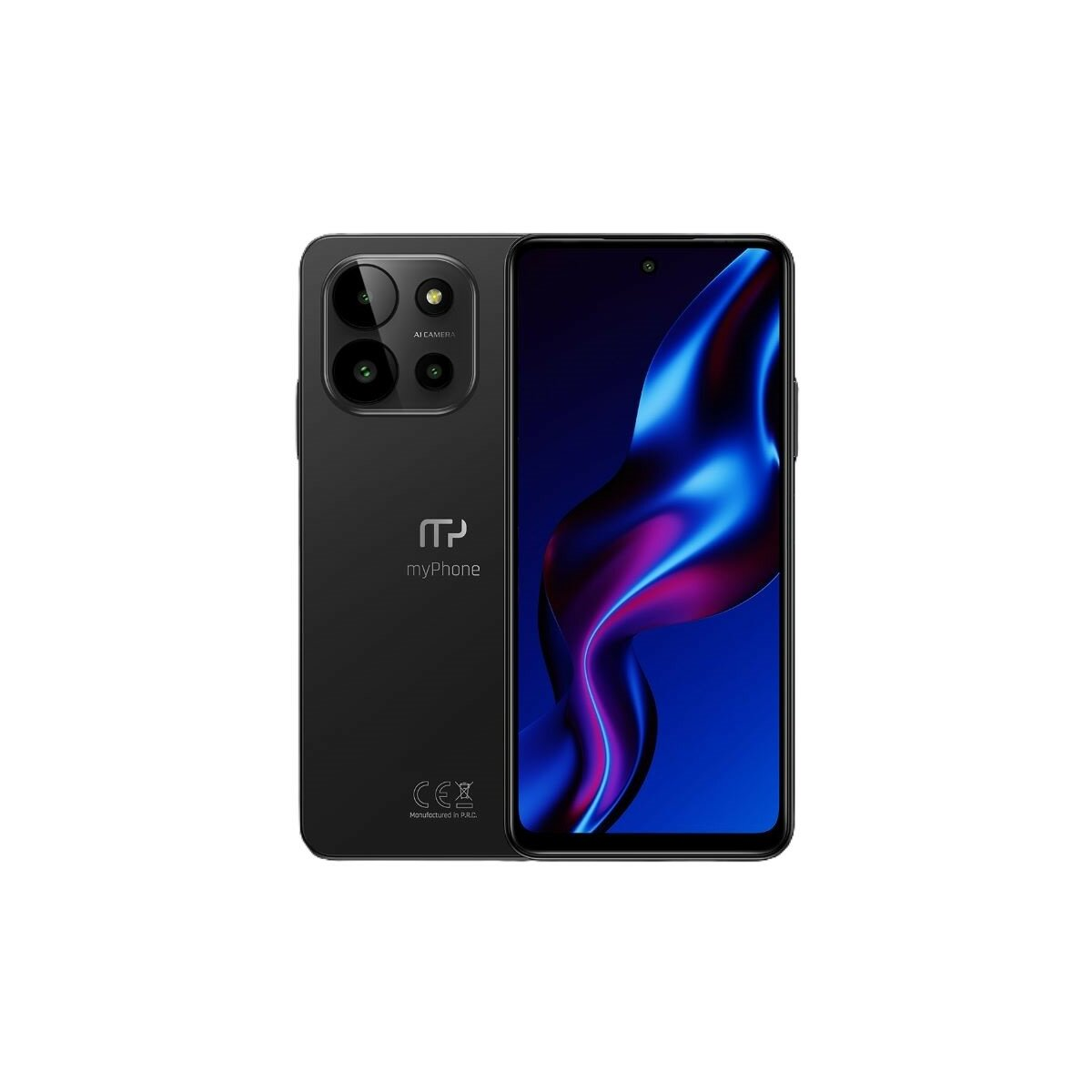 Czarny myPhone z trzema aparatami z tyłu. Ekran pokazuje niebieski i fioletowy wzór.