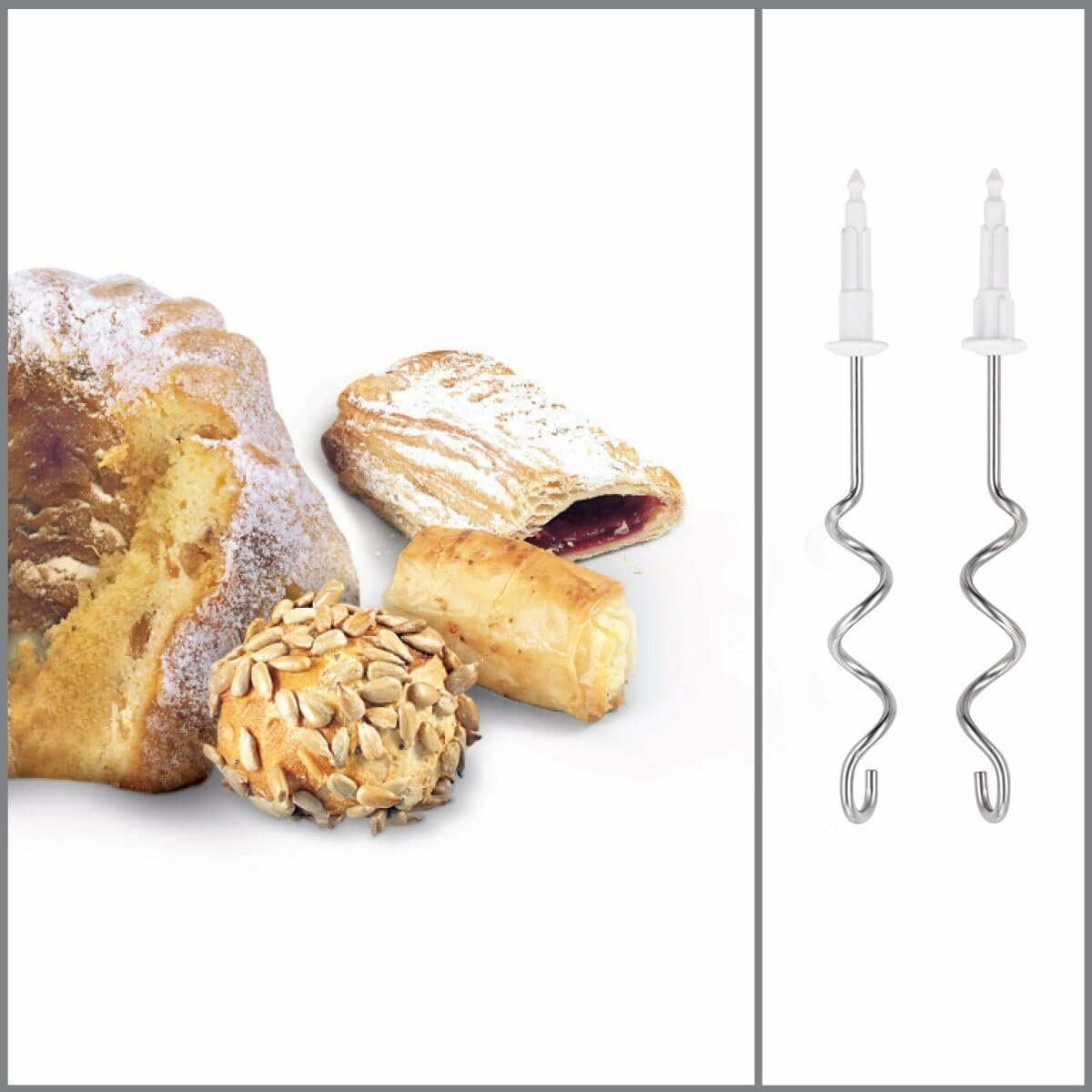 Pasteles y accesorios de batidora sobre superficie blanca, texturas y formas variadas.
