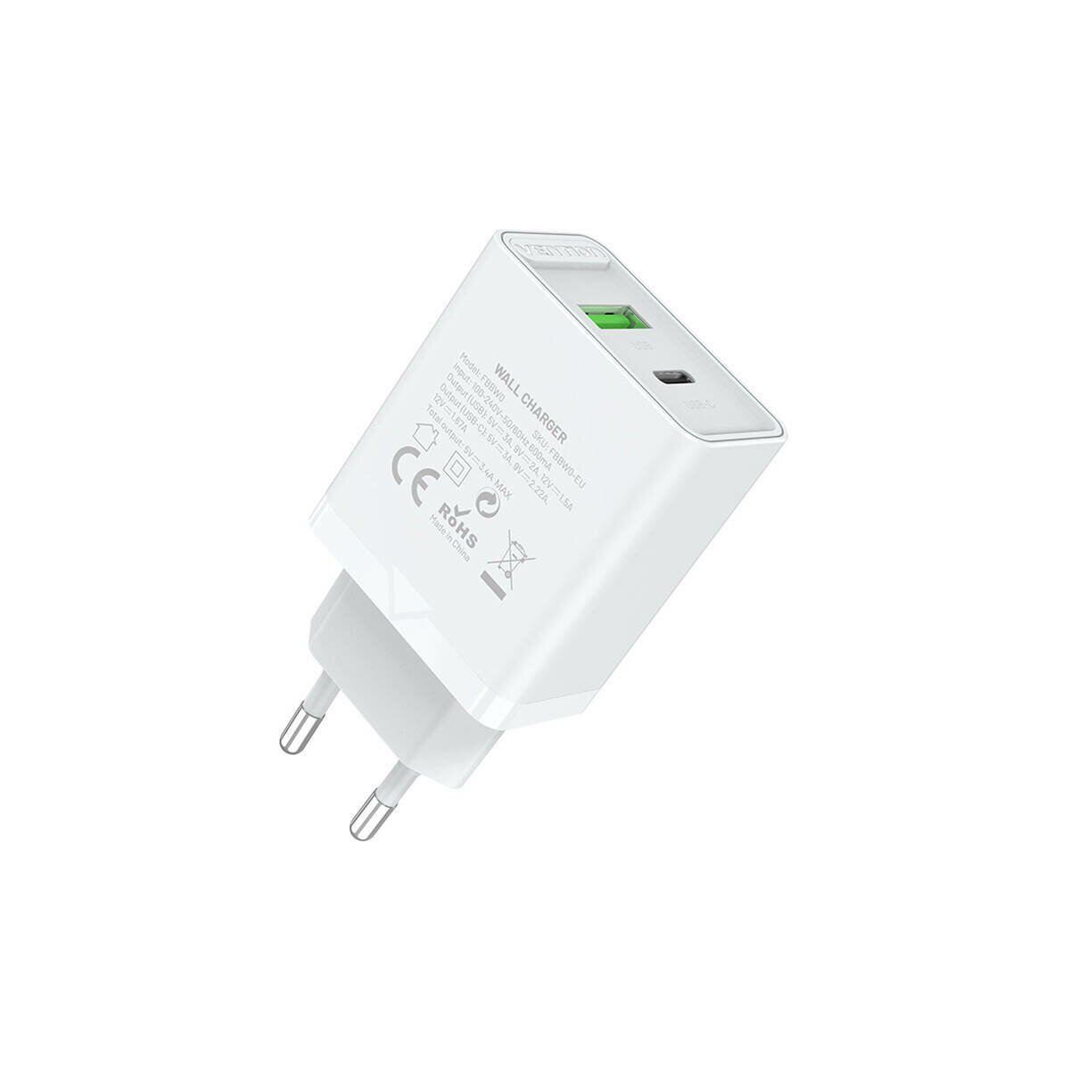 Ein weißes Wandladegerät mit zwei USB-Anschlüssen und Produktinfo vor weißem Hintergrund.