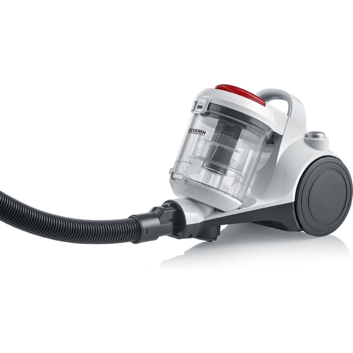 Biały odkurzacz z czarnym wężem. Czerwone akcenty.