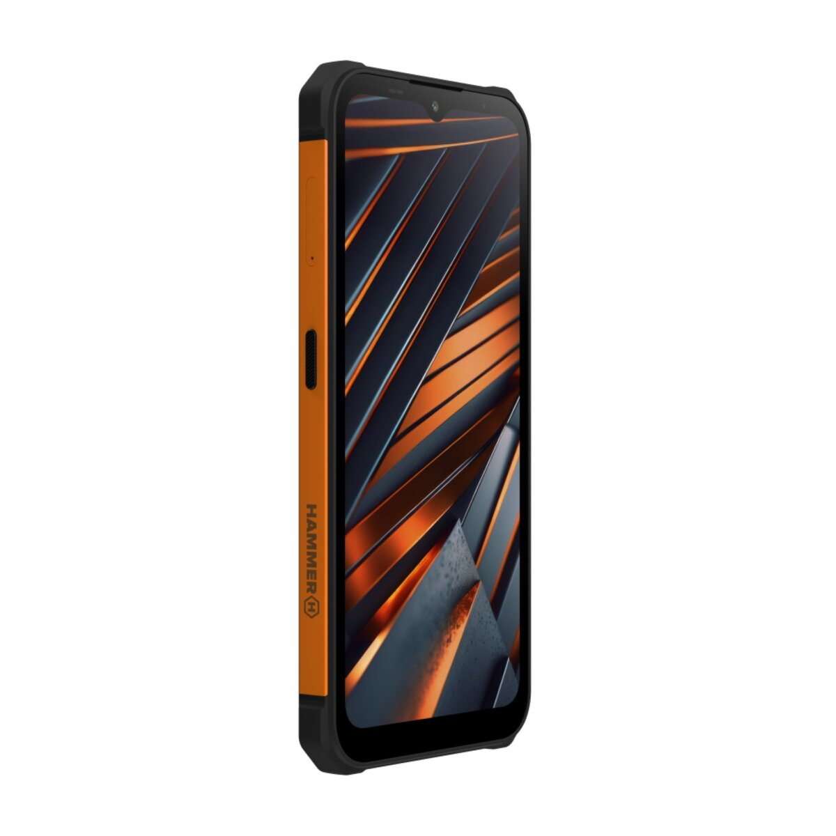 Pomarańczowo-czarny smartfon z teksturowanym tyłem. Ekran wyświetla wzorzystą grafikę. Pokazuje logo Hammer.