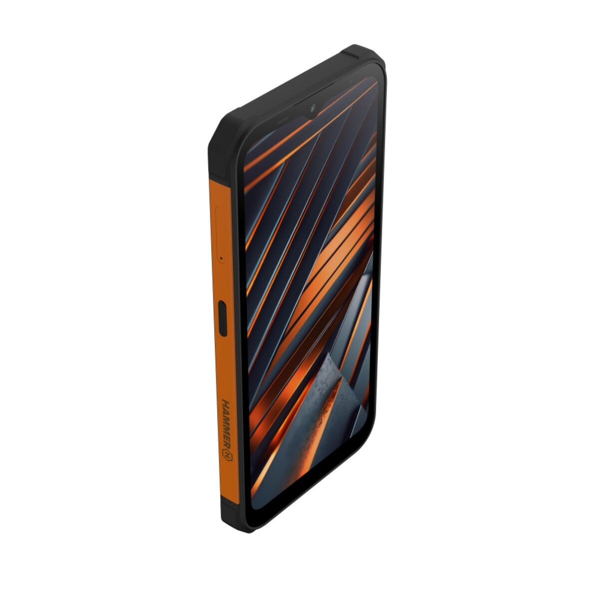 Pomarańczowo-czarny smartfon na białym tle. Posiada etui ochronne.