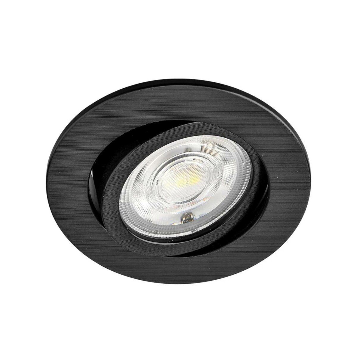Schwarze Einbau-LED-Leuchte. Sie hat eine kreisförmige Form und eine helle Lichtquelle in der Mitte.