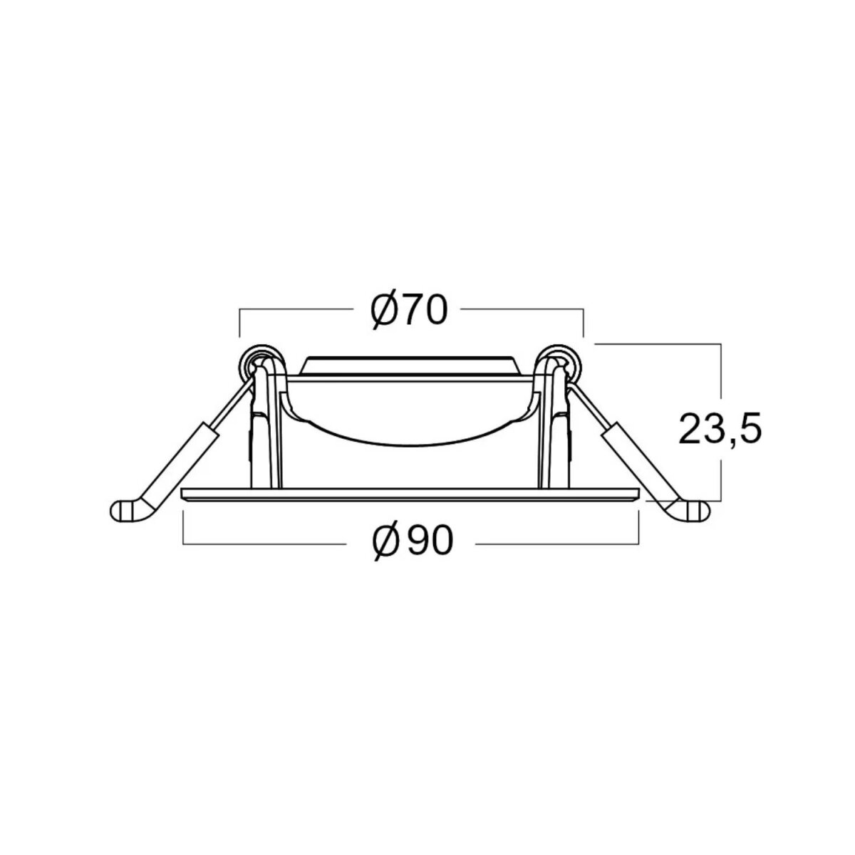 Diagramm eines Einbaustrahlers mit Abmessungen und Maßen in Millimetern.