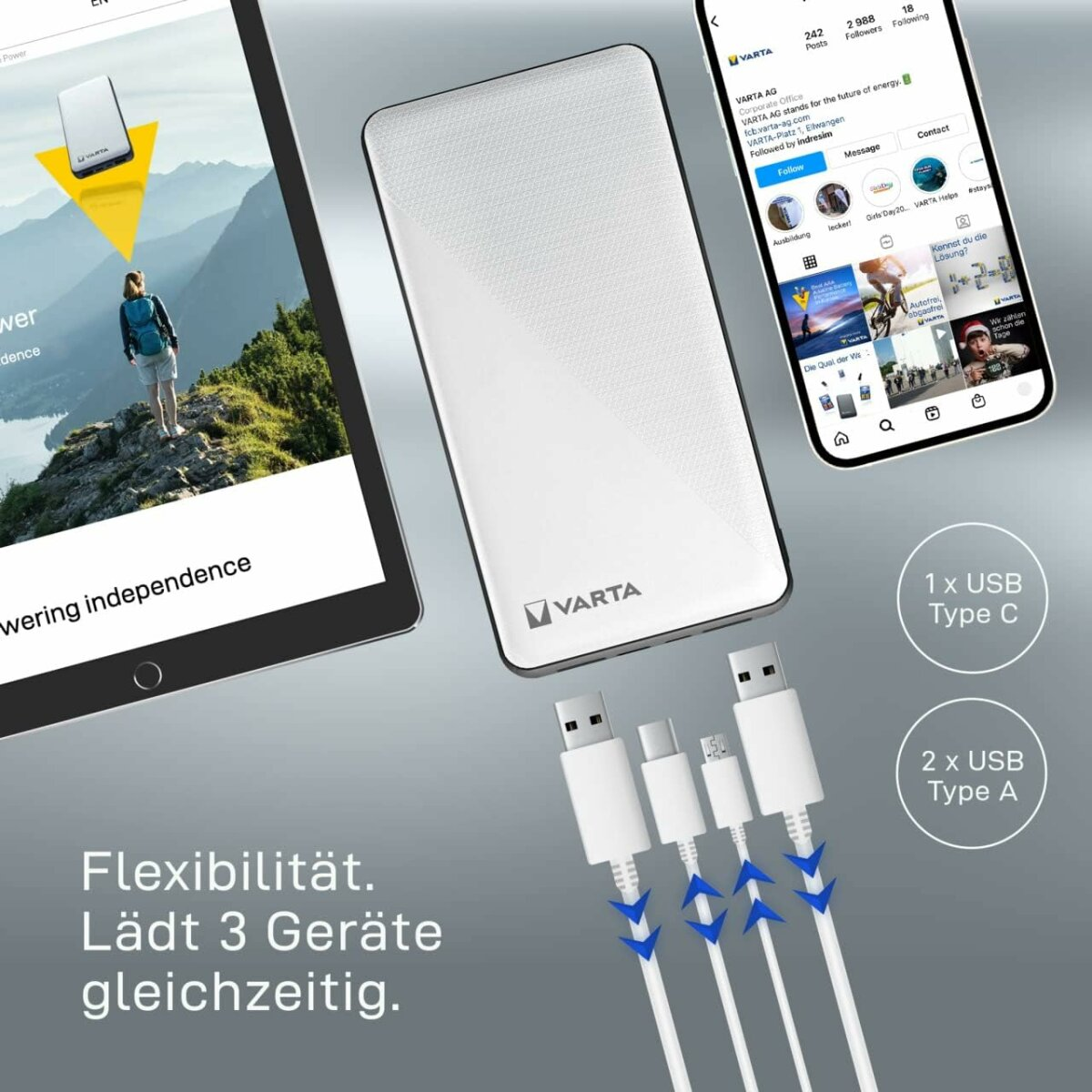 Ein weißes tragbares Ladegerät mit Tablet, Telefon und Kabeln.