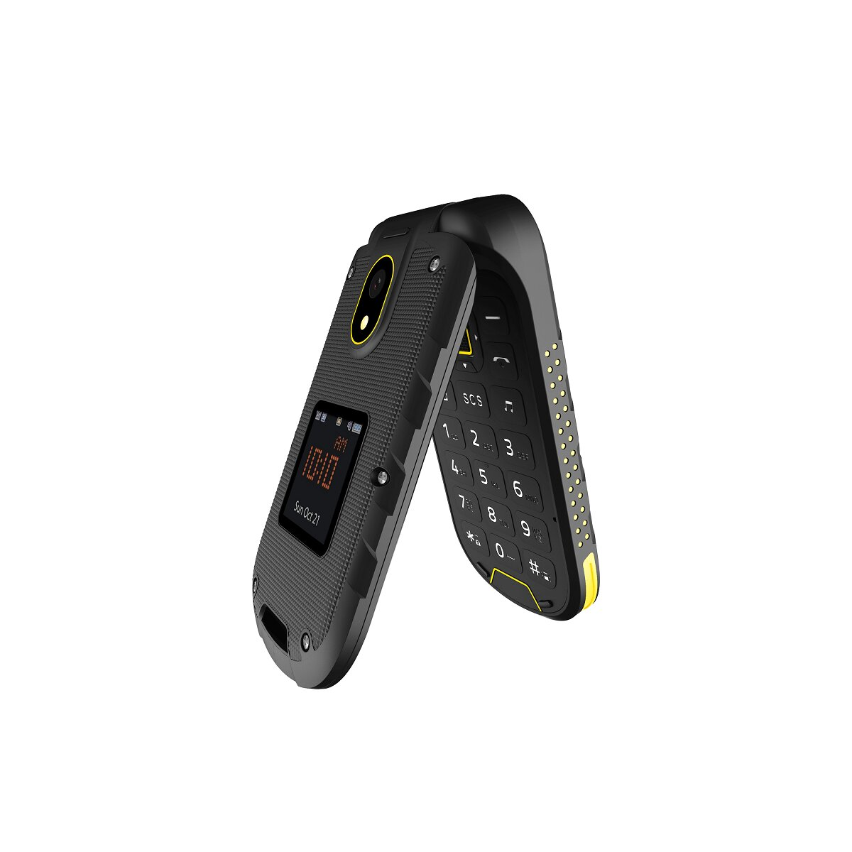 Czarny telefon z klapką, otwarty, pokazujący ekran i klawiaturę. Pokazuje czas.