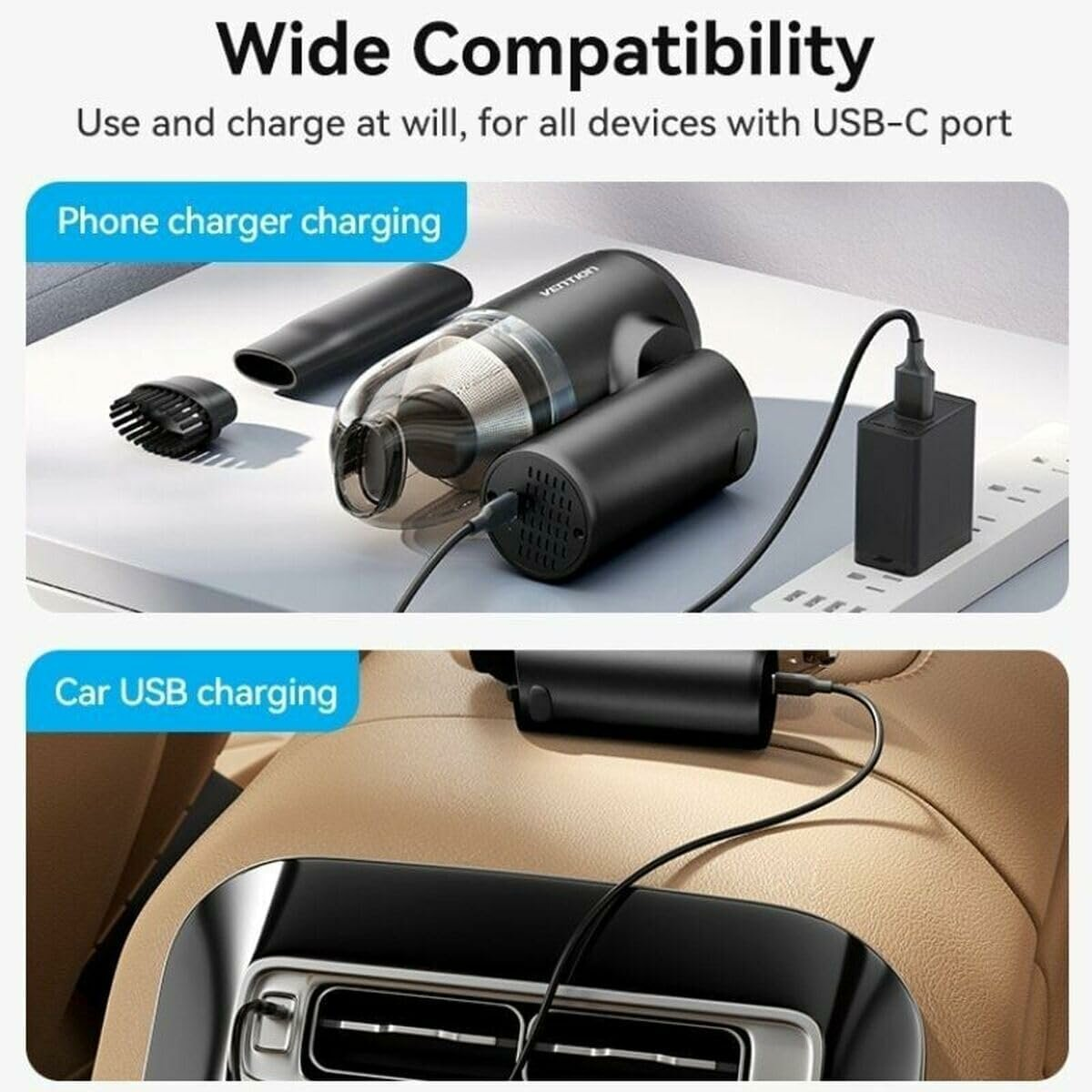 Stofzuiger, oplader en accessoires. Tekst: Brede compatibiliteit. Opladen via USB van telefoon en auto.
