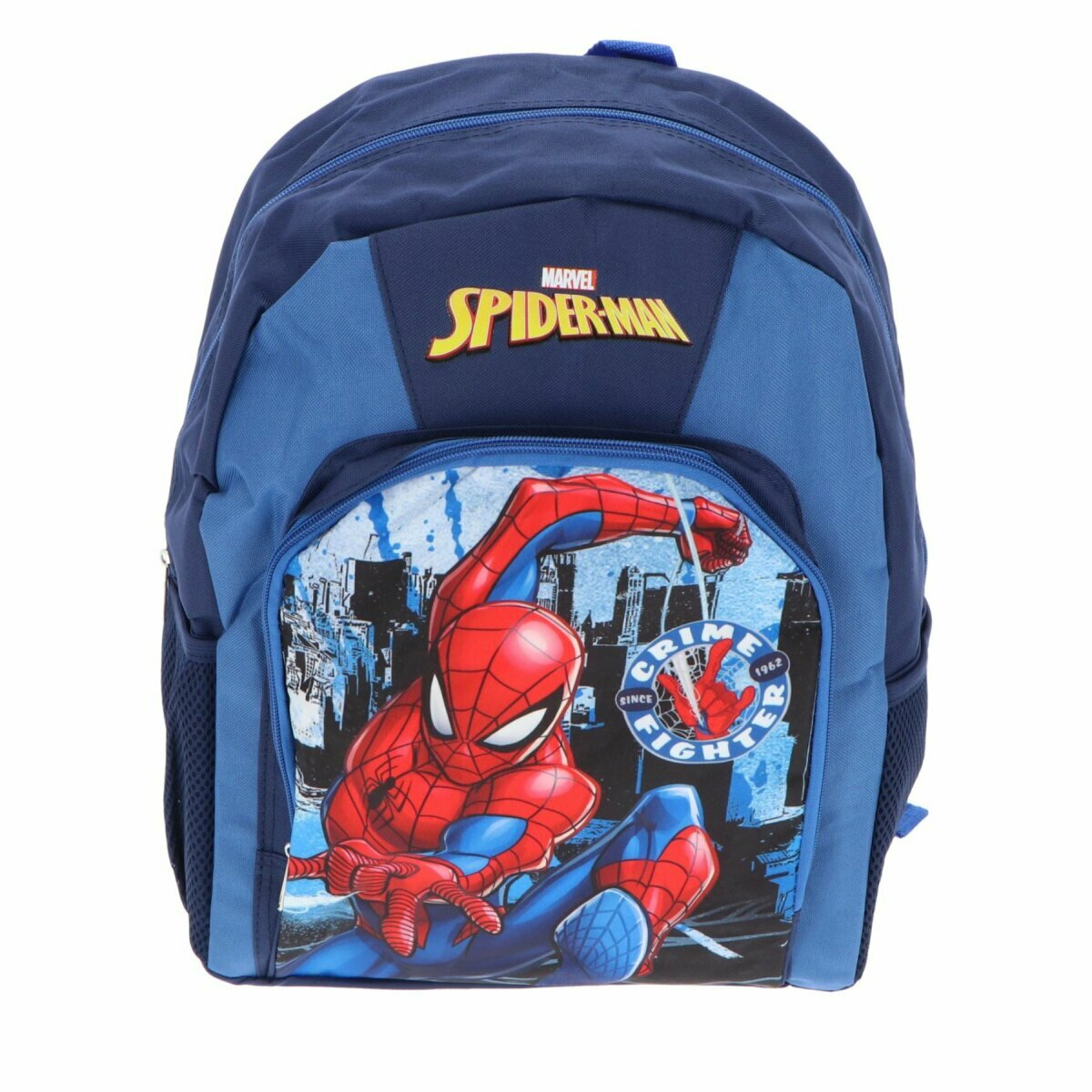 Ein blauer Spider-Man-Rucksack mit Comic-Grafik und den Worten 'CRIME FIGHTER'.