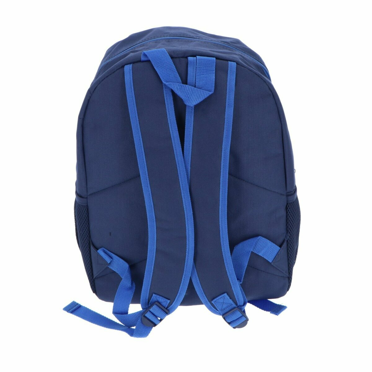 Ein marineblauer Rucksack mit blauen Trägern und mehreren Fächern.