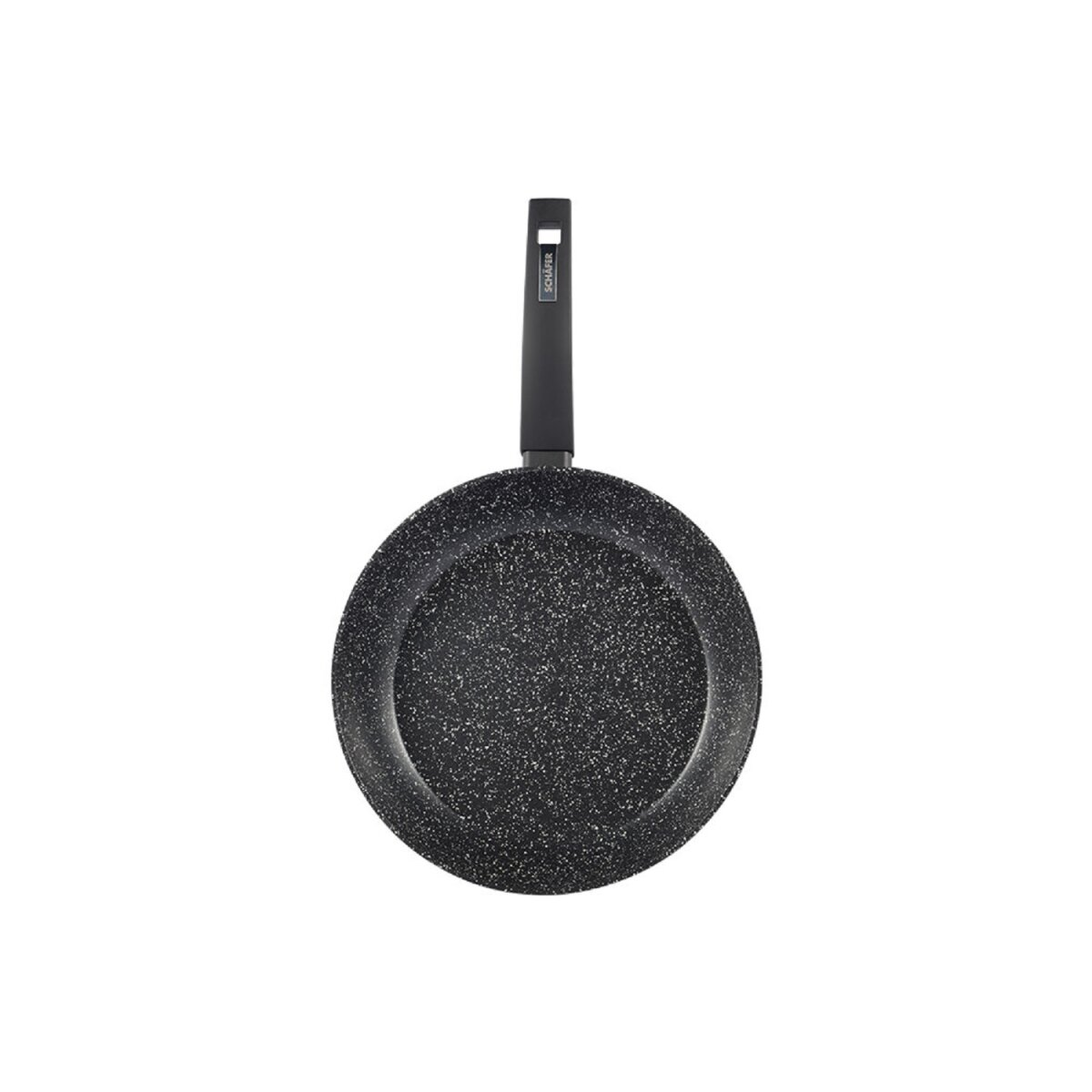 Schwarze Bratpfanne mit gesprenkelter Oberfläche und schwarzem Griff.