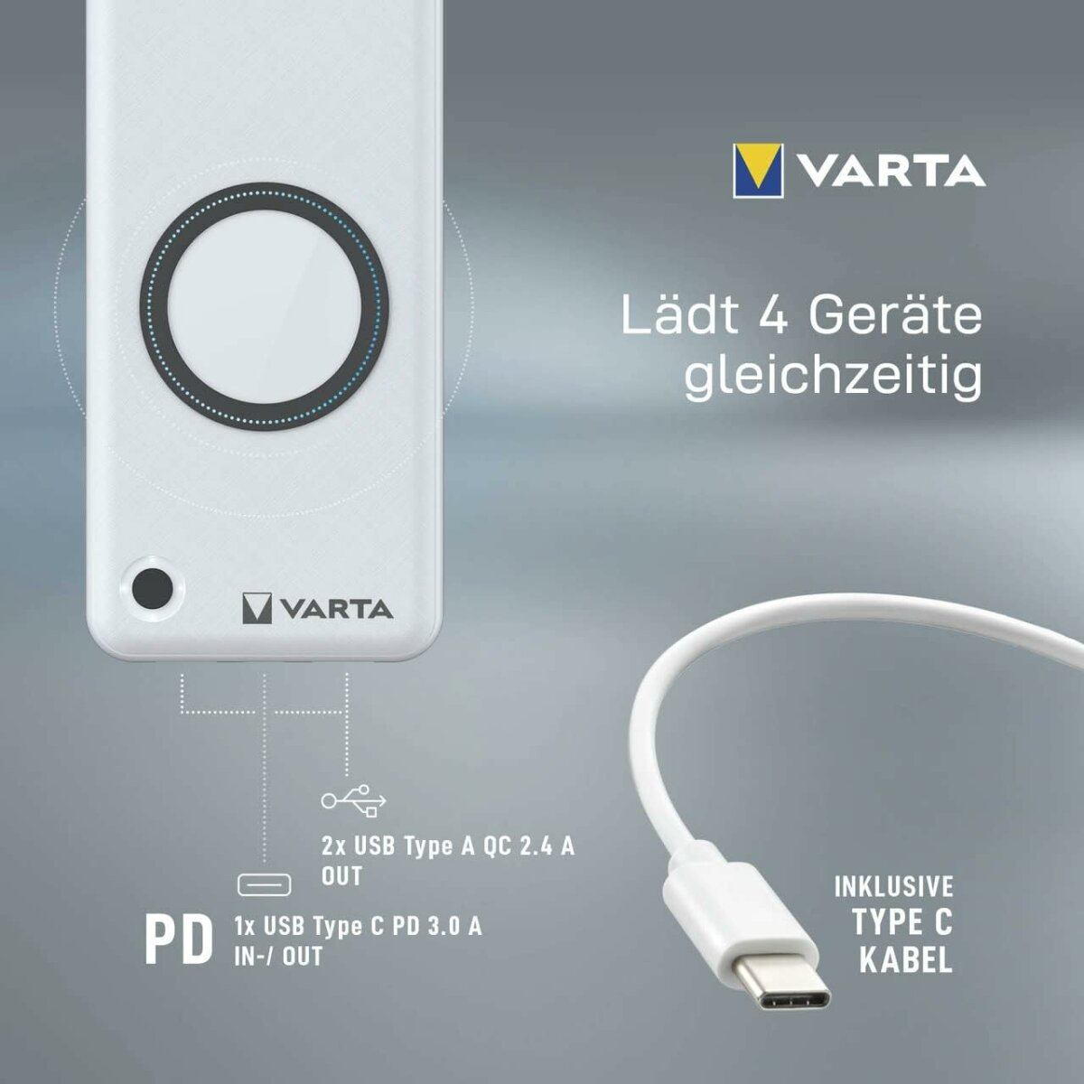 Weiße Varta Powerbank mit Ladekabel und Icons für Anschlüsse.