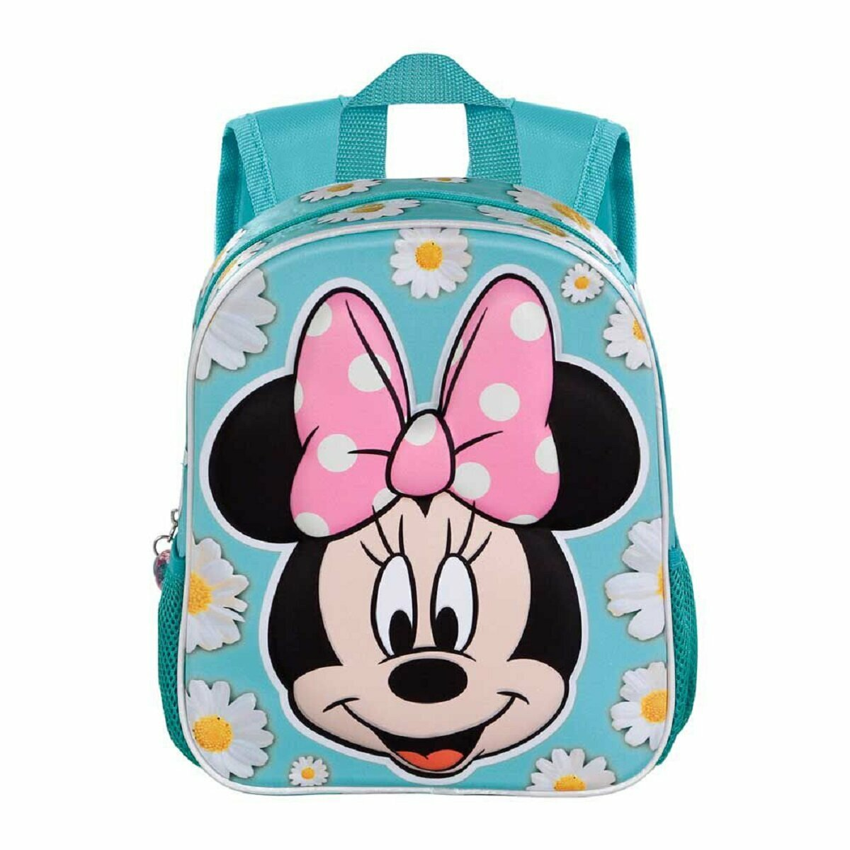 Minnie Mouse Rucksack mit Gänseblümchen. Blauer Hintergrund, rosa Schleife, weiße Blumen.