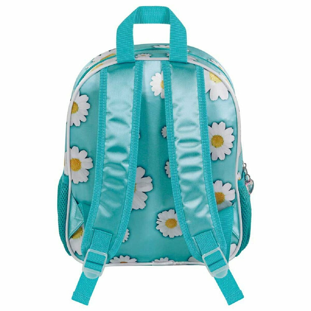 Ein türkisfarbener Rucksack mit weißen Gänseblümchen und türkisfarbenen Trägern mit weißen Schnallen.