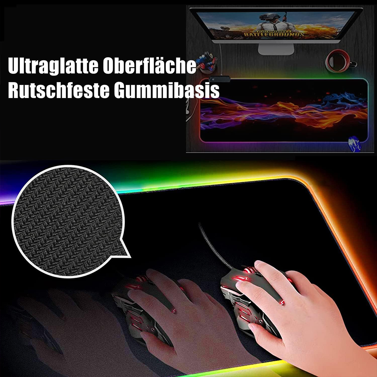 Hände, die eine Maus auf einem Gaming-Mauspad benutzen.