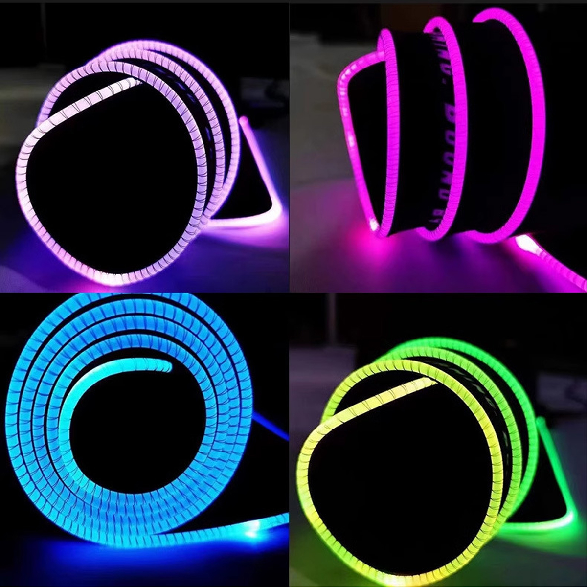 Vier Nahaufnahmen von flexiblen Lichtstreifen in verschiedenen Farben, gewellt und abgewinkelt.