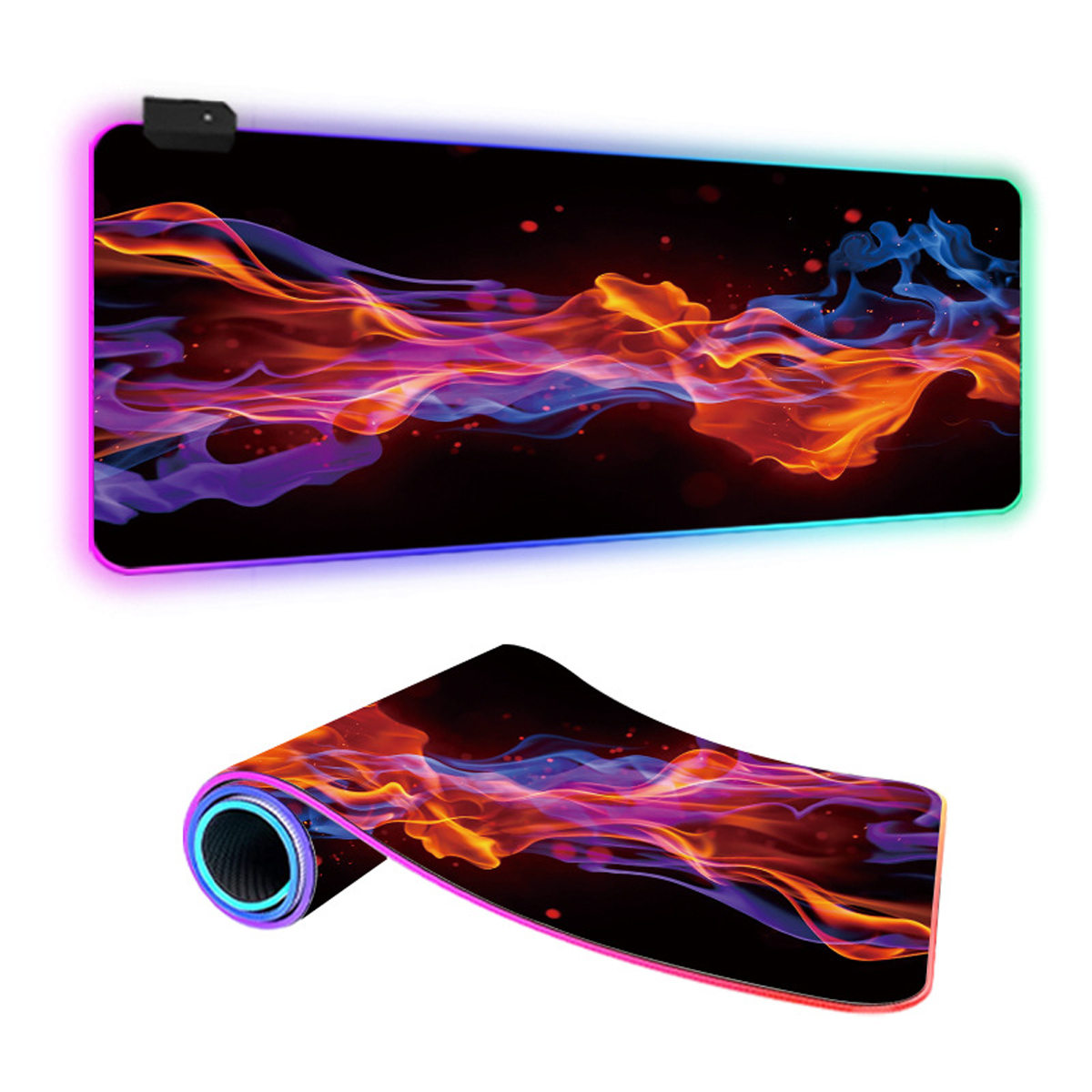 Gaming-Mauspad mit feurigem Design und leuchtendem Rand, aufgerollt.