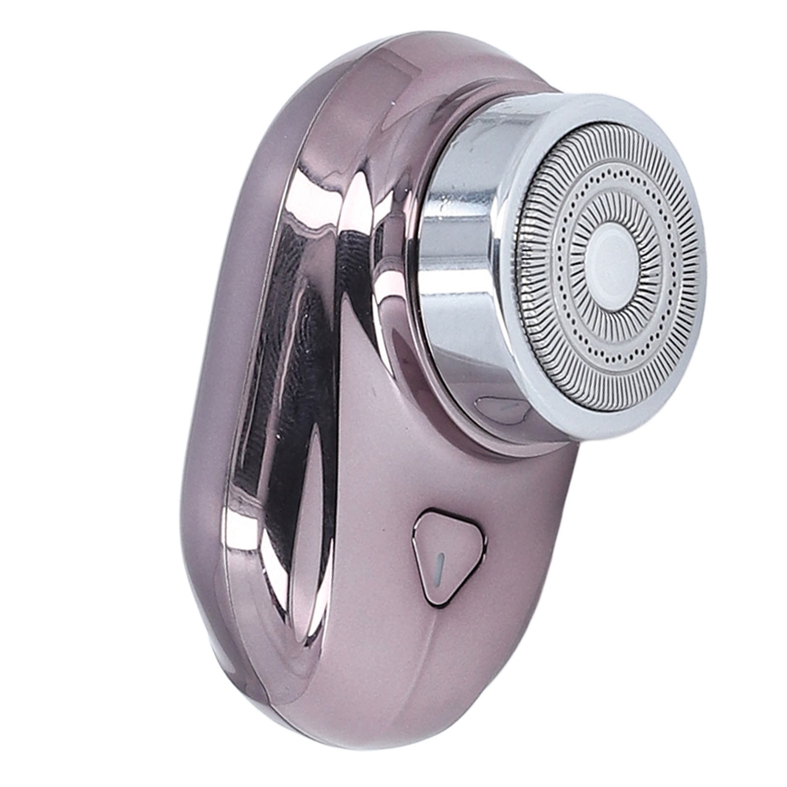 Elektrischer Rasierer mit rosa Metallic-Finish und silbernem Scherkopf, leicht angewinkelt.