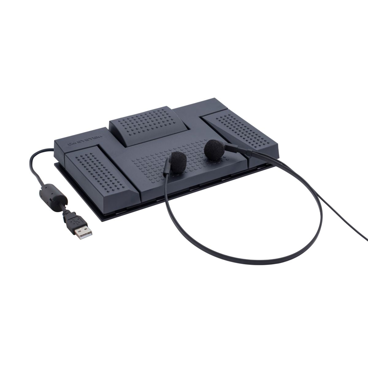 Ein schwarzer Laptop-Ständer mit USB-Kabel, Kopfhörern und einem USB-Anschluss.