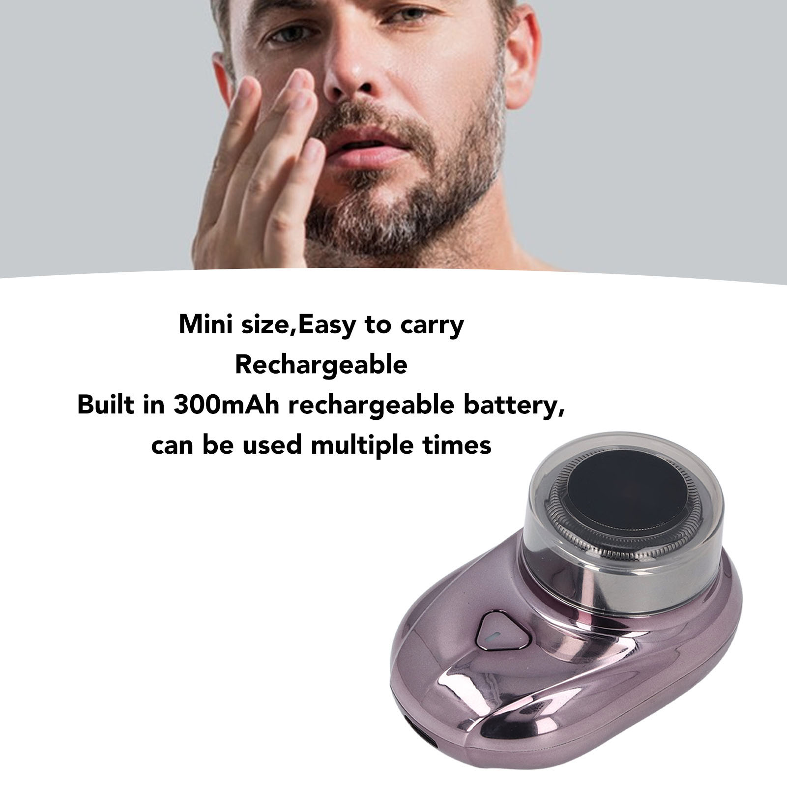 Ein Mann berührt sein Gesicht und ein kleiner, violetter, wiederaufladbarer Gesichtsreiniger. Text zur Beschreibung des Produkts ist sichtbar.