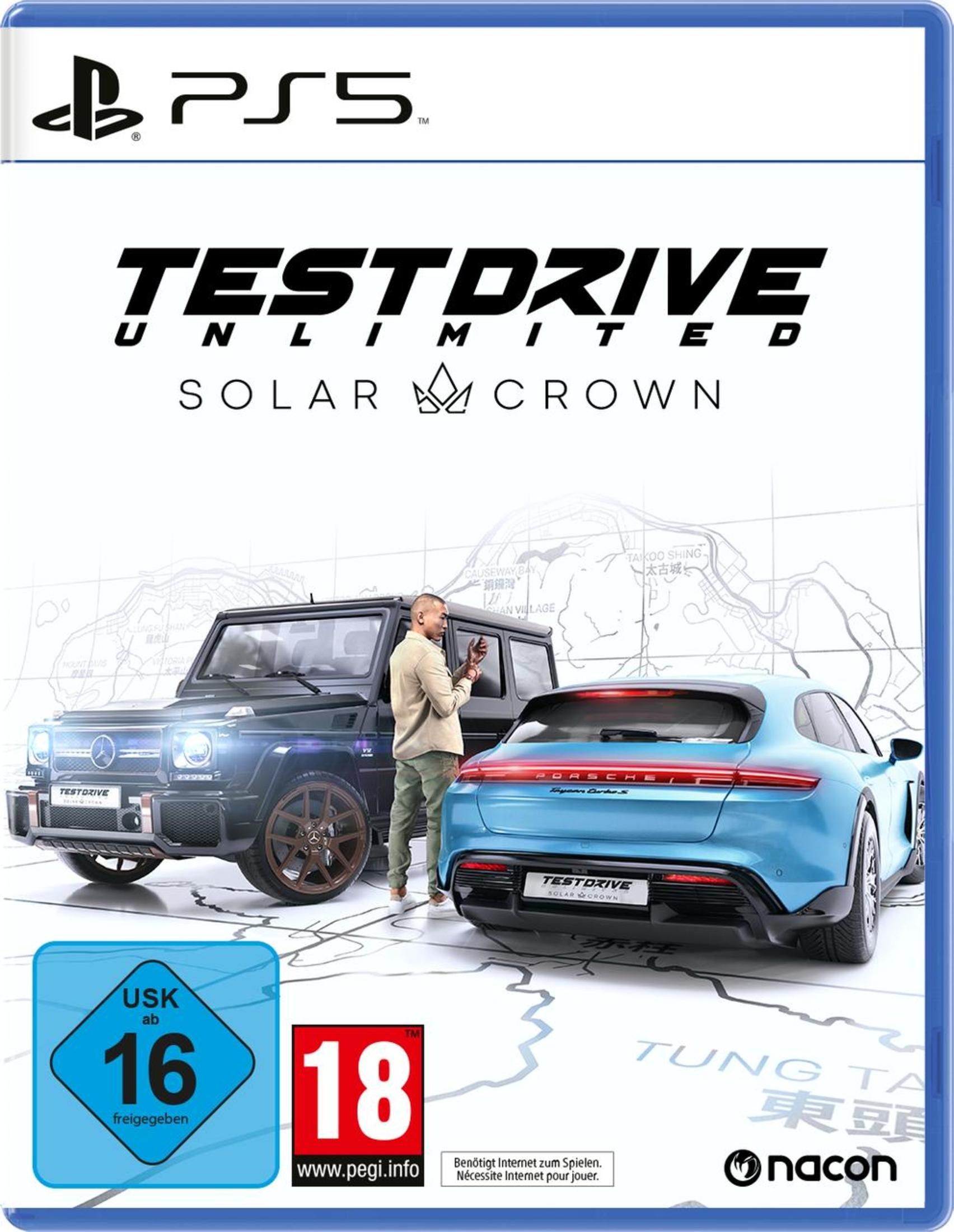 Custodia del gioco Test Drive Unlimited Solar Crown. Un SUV nero e un'auto blu sono sulla copertina.