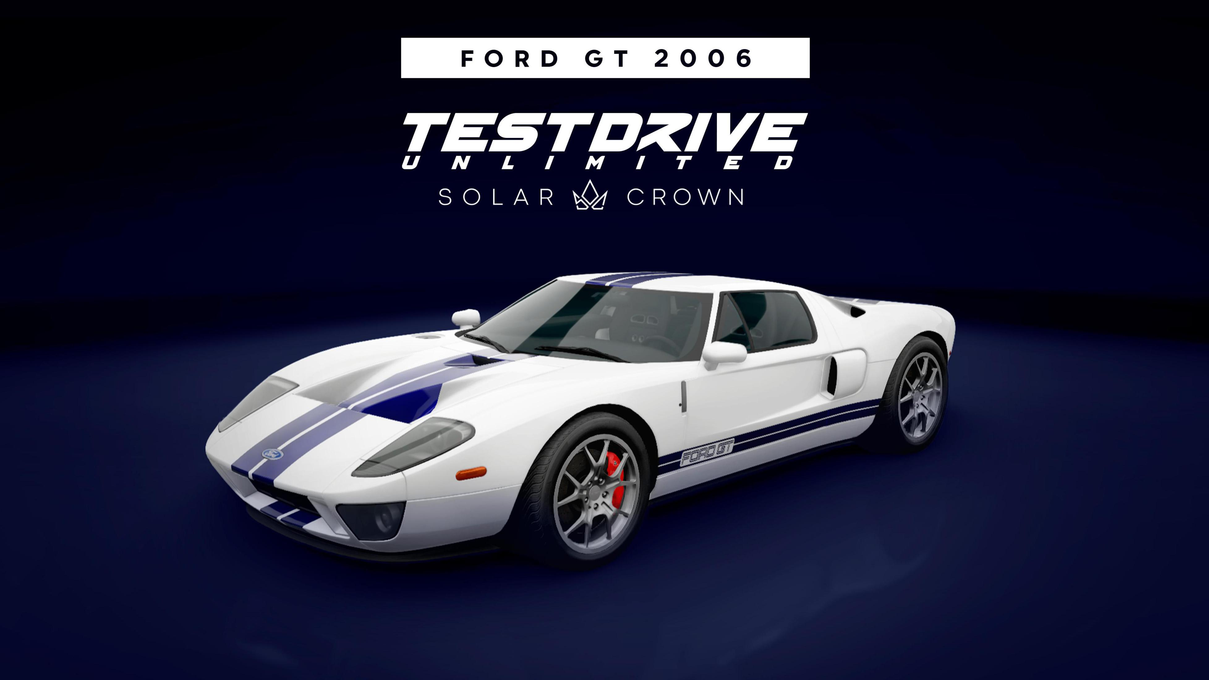 Ein weiß-blaues Ford GT 2006-Auto auf dunkelblauem Hintergrund mit Text zur Werbung für das Auto.