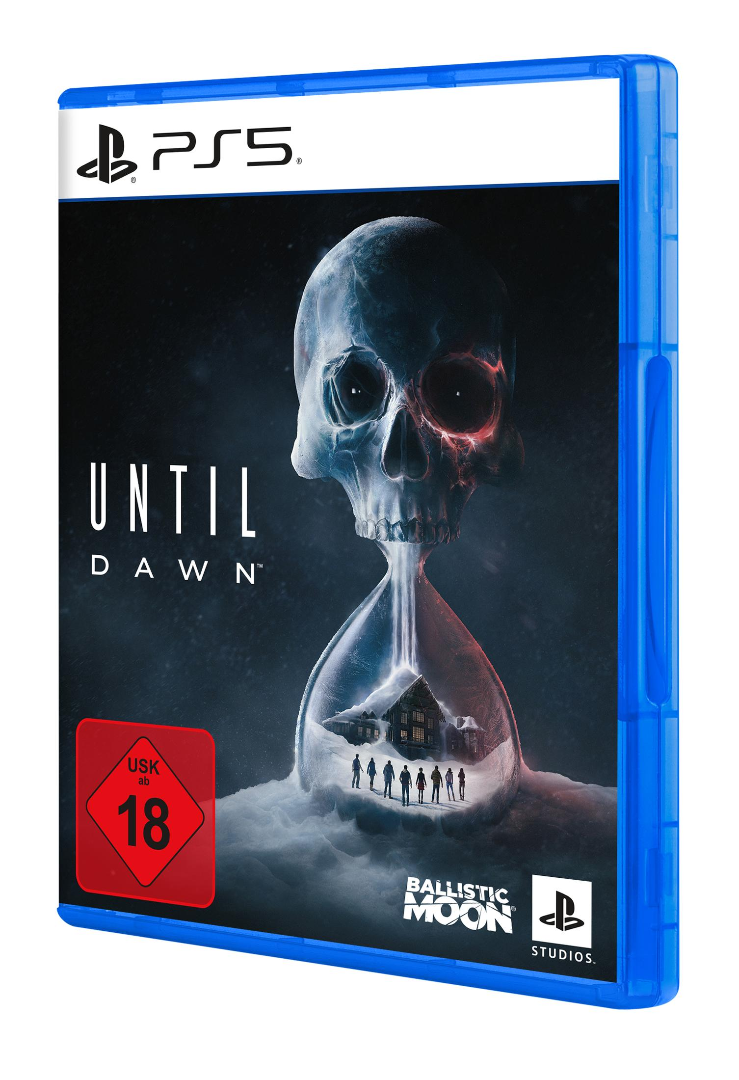 PS5-Spielhülle, Titel „Until Dawn“, Totenkopf-Sanduhr-Bild. Blaue Hülle. Roter 18+-Aufkleber.