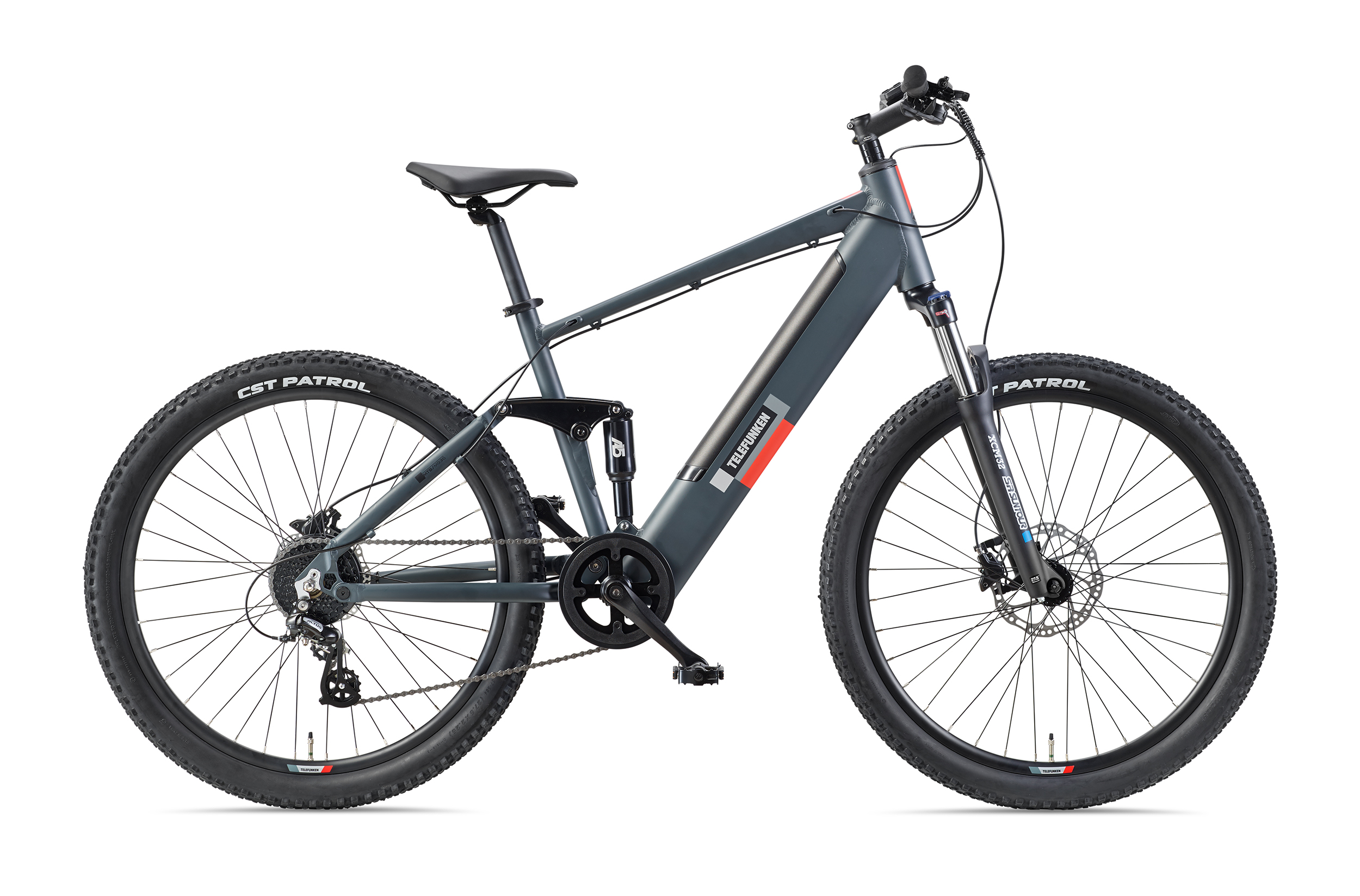 Graues Elektrofahrrad mit schwarzen Reifen, Details sind zu sehen.