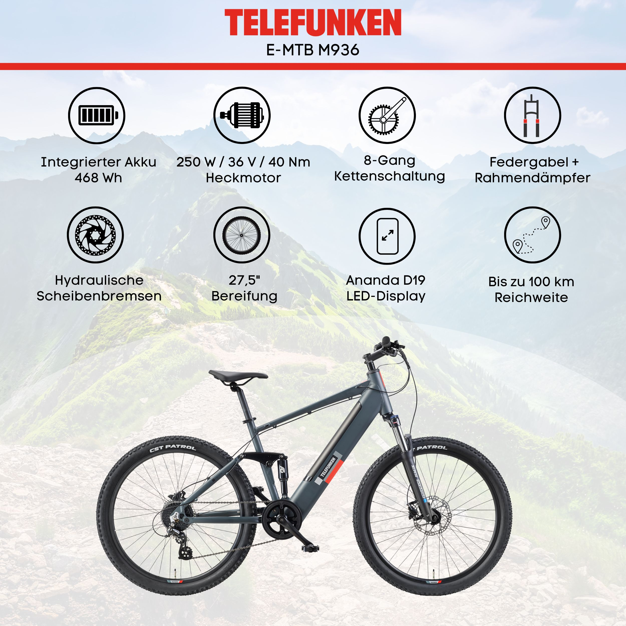 Ein E-Bike mit detaillierten Spezifikationen. Inklusive Akku, Motor, Gängen, Bremsen, Display und Reifen. Die Marke ist Telefunken.