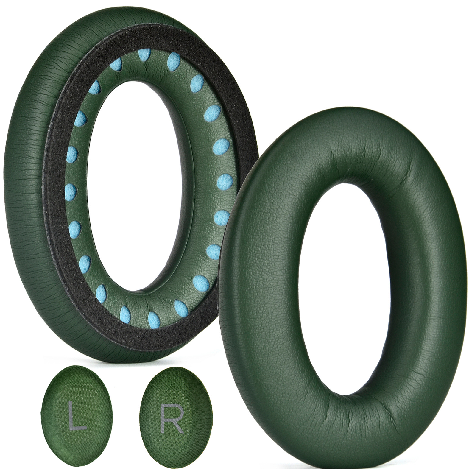 Dwie zielone, okrągłe poduszki nauszne do słuchawek i dwie mniejsze podkładki z oznaczeniami L i R.