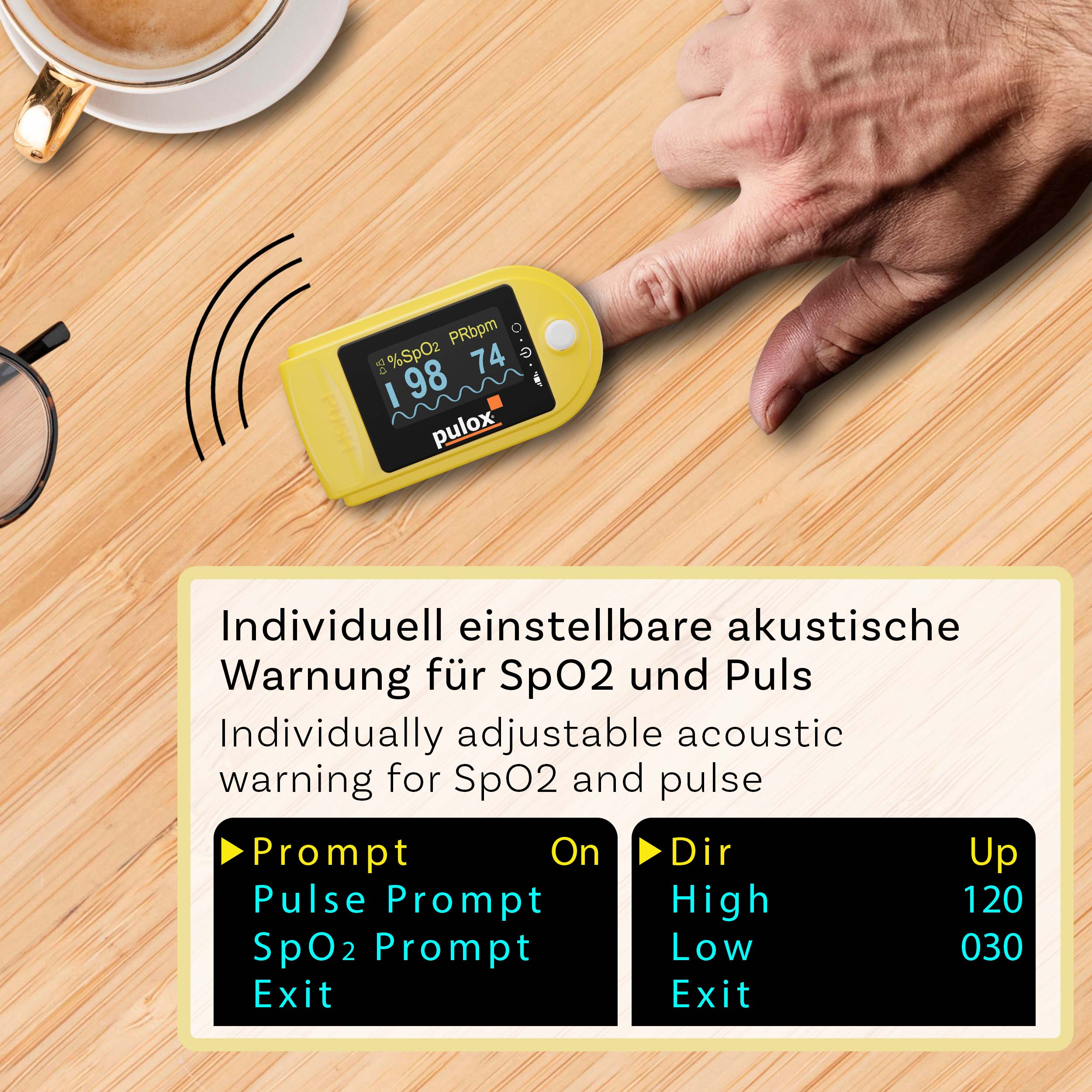 Gelbes Pulsoximeter am Finger. Zeigt SpO2- und Pulswerte an. Text über akustische Warnungen.