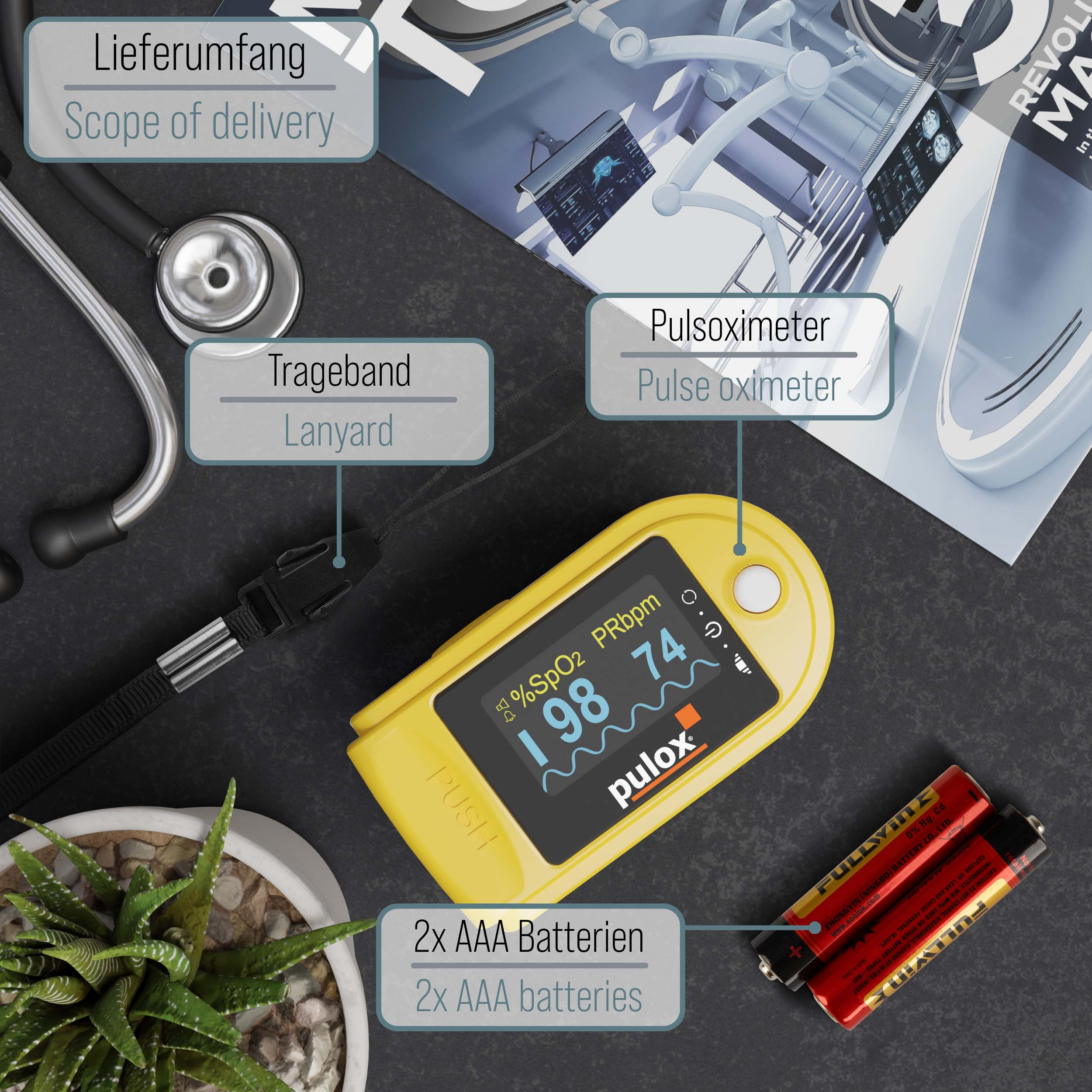 Gelbes Pulsoximeter mit Zubehör. Enthält: Lanyard, 2x AAA Batterien.