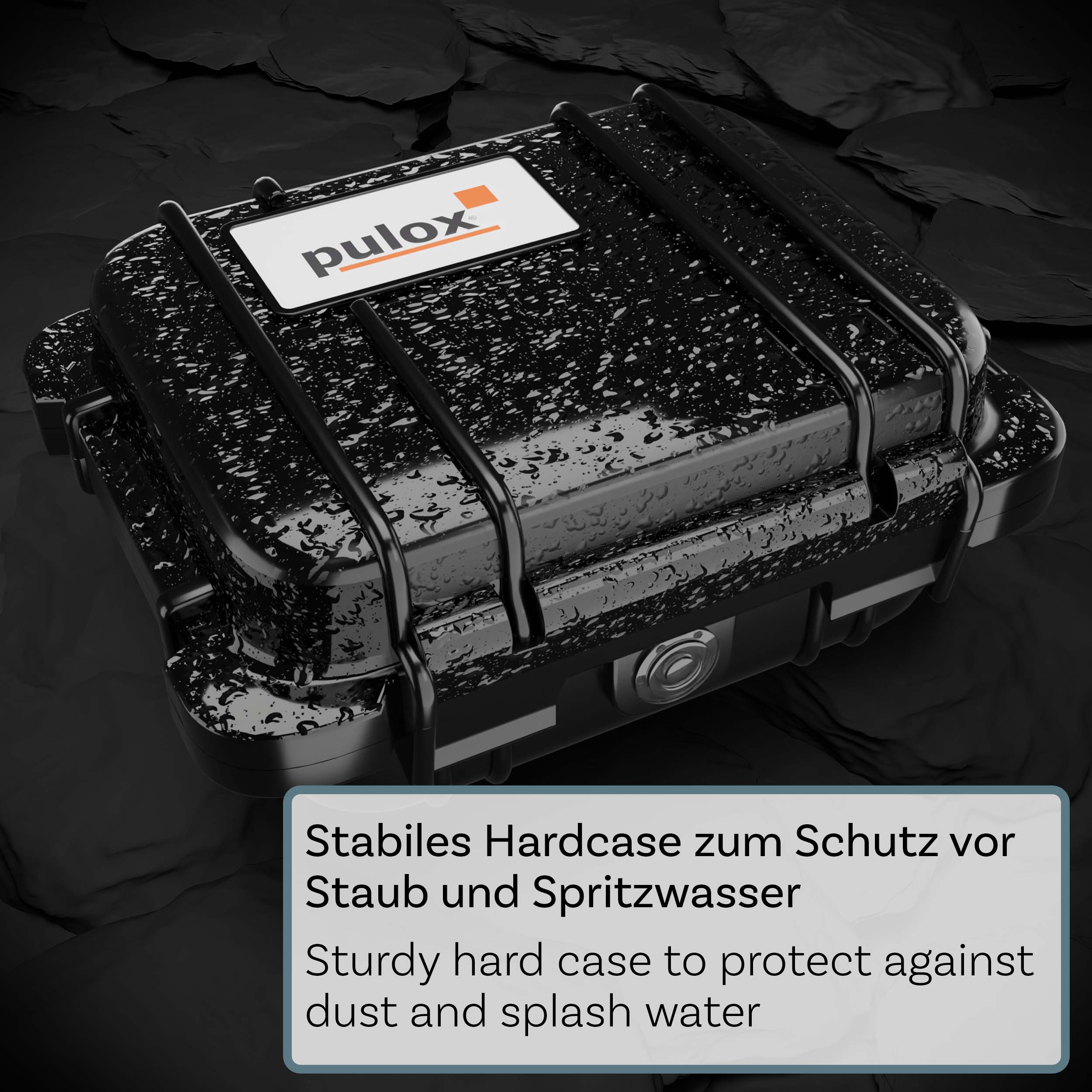 Schwarzer Hartschalenkoffer mit Pulox-Etikett. Text sagt, er schützt vor Staub und Spritzwasser.