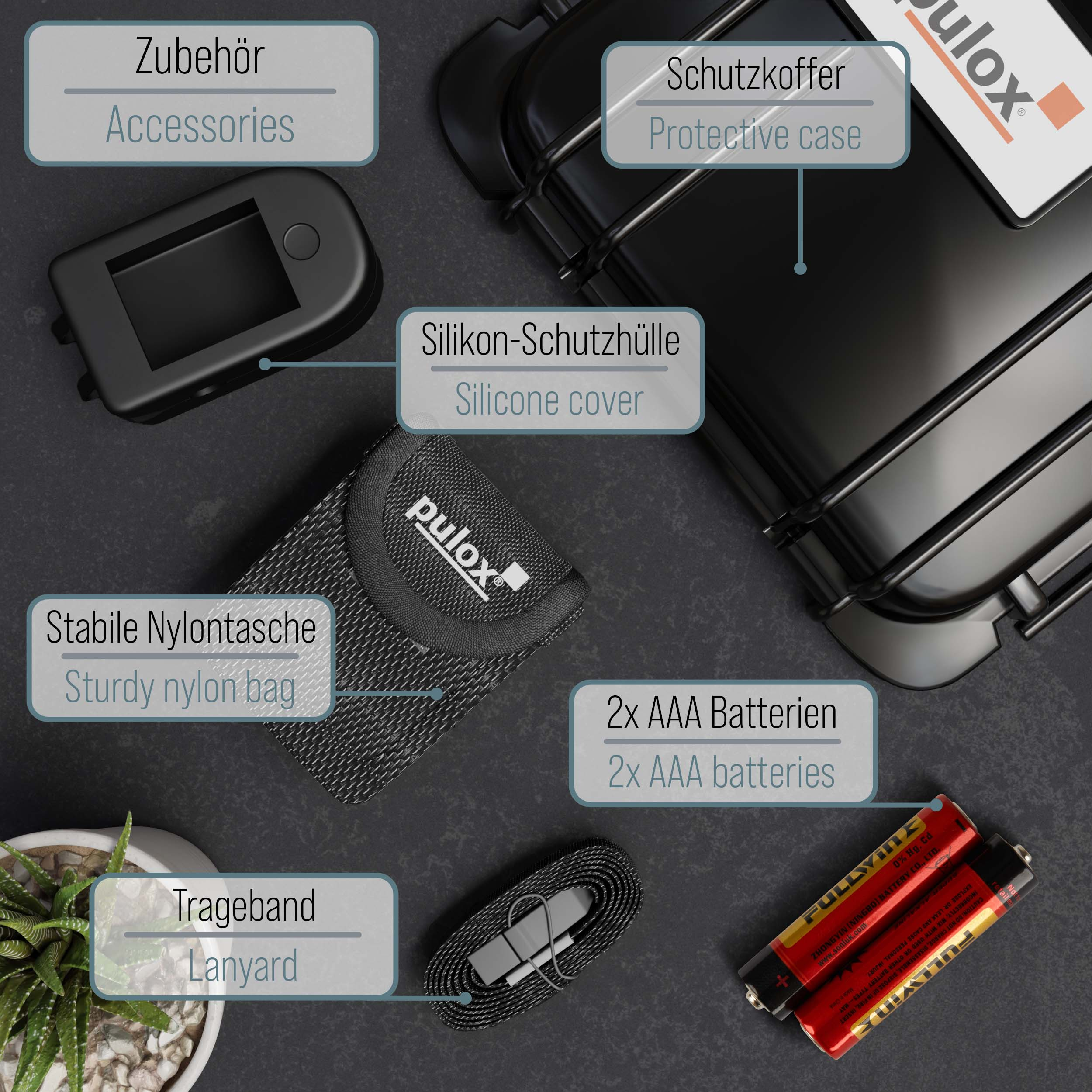 Eine Sammlung von Zubehör, darunter eine Schutzhülle, Silikonhülle, Schlüsselband und Batterien, alles auf Deutsch beschriftet.