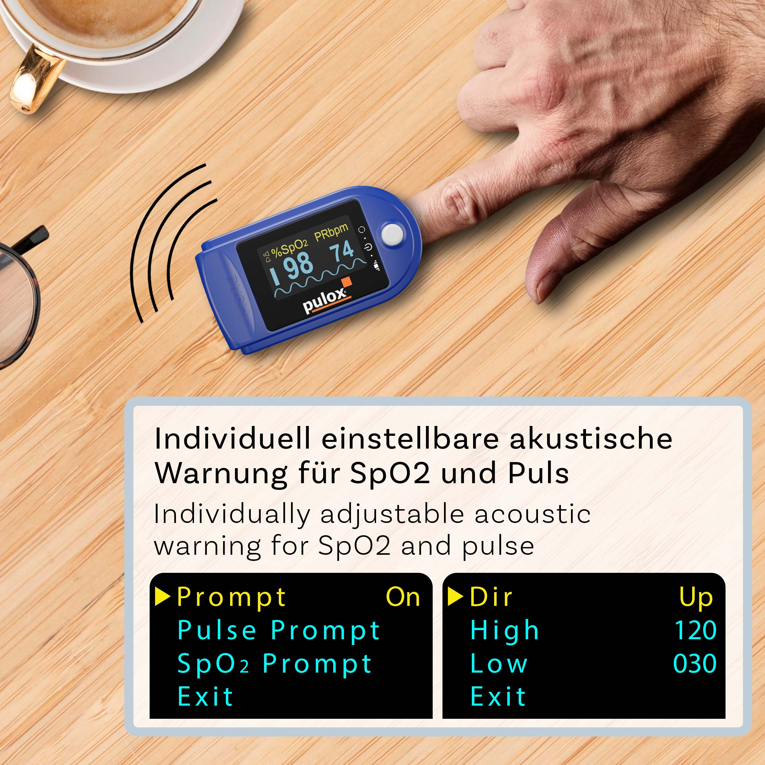 Ein blaues Oximeter am Finger mit Messwerten. Text: Individuell einstellbare akustische Warnung.