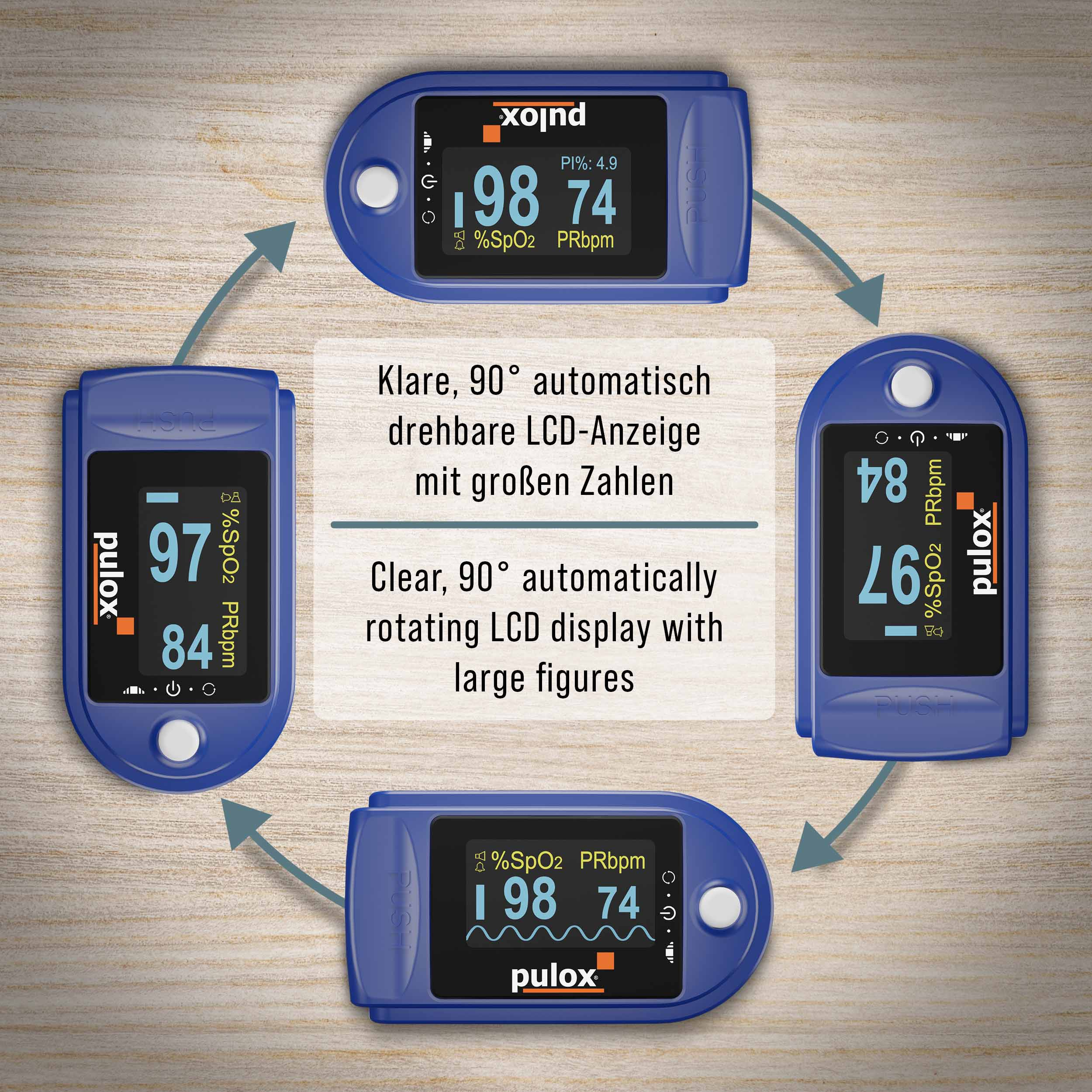 Blauer Oximeter zeigt Messwerte an und dreht sich. Holzuntergrund.