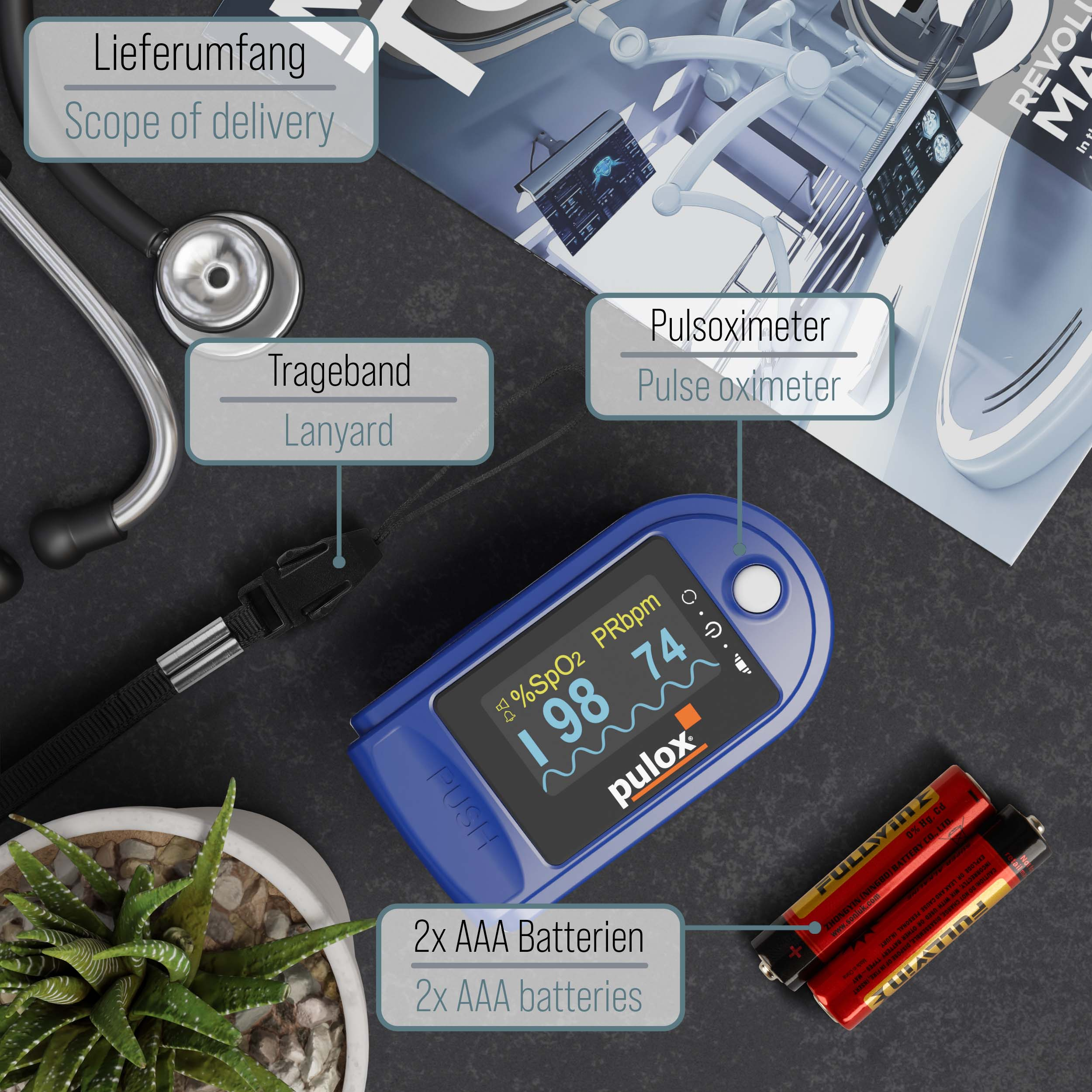 Ein Pulsoximeter mit Stethoskop, Batterien und anderem medizinischen Zubehör.