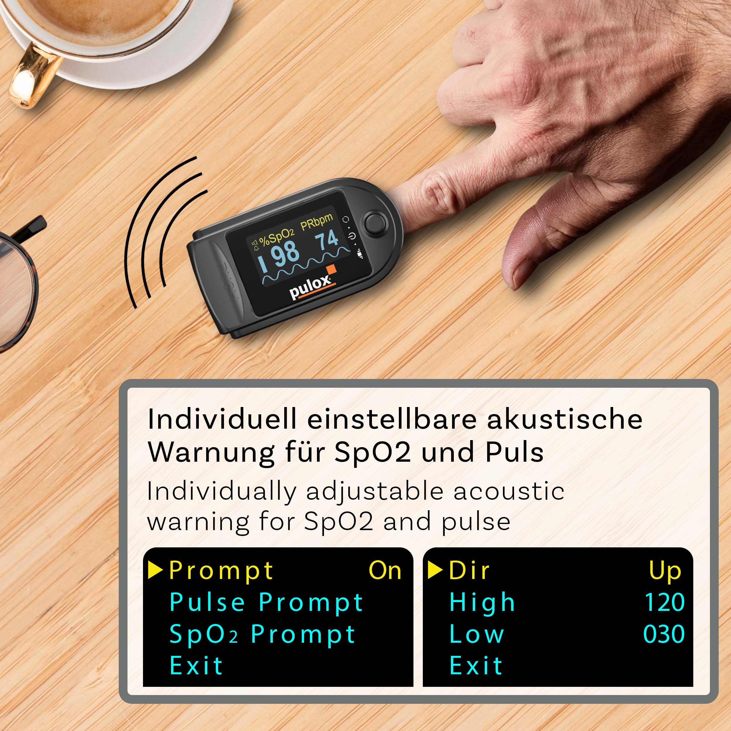Ein Finger mit einem Pulsoximeter, das Zahlen und Text anzeigt, mit Text darunter.