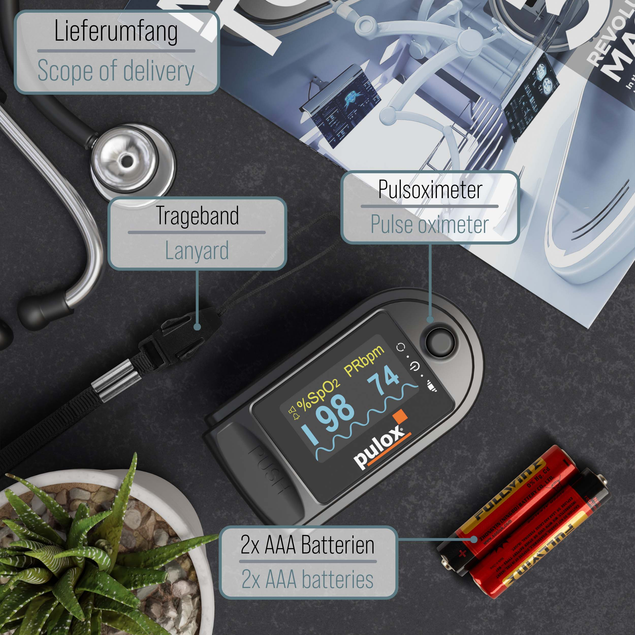 Ein Bild mit Pulsoximeter, Batterien, medizinischem Gerät und Dokumenten mit Beschriftungen.