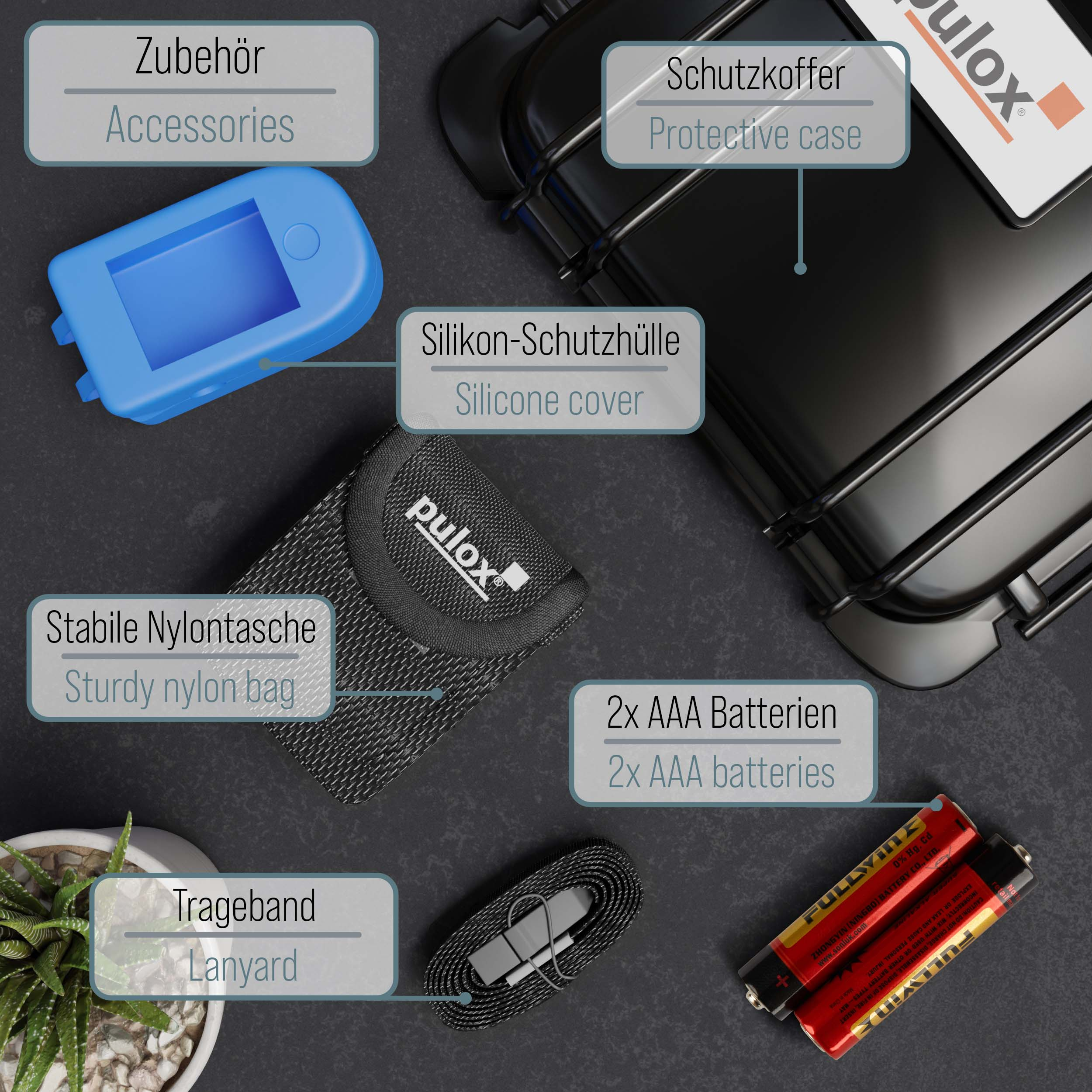 Zubehör für Pulsoximeter. Enthält Silikonhülle, Nylontasche, Lanyard und Batterien.