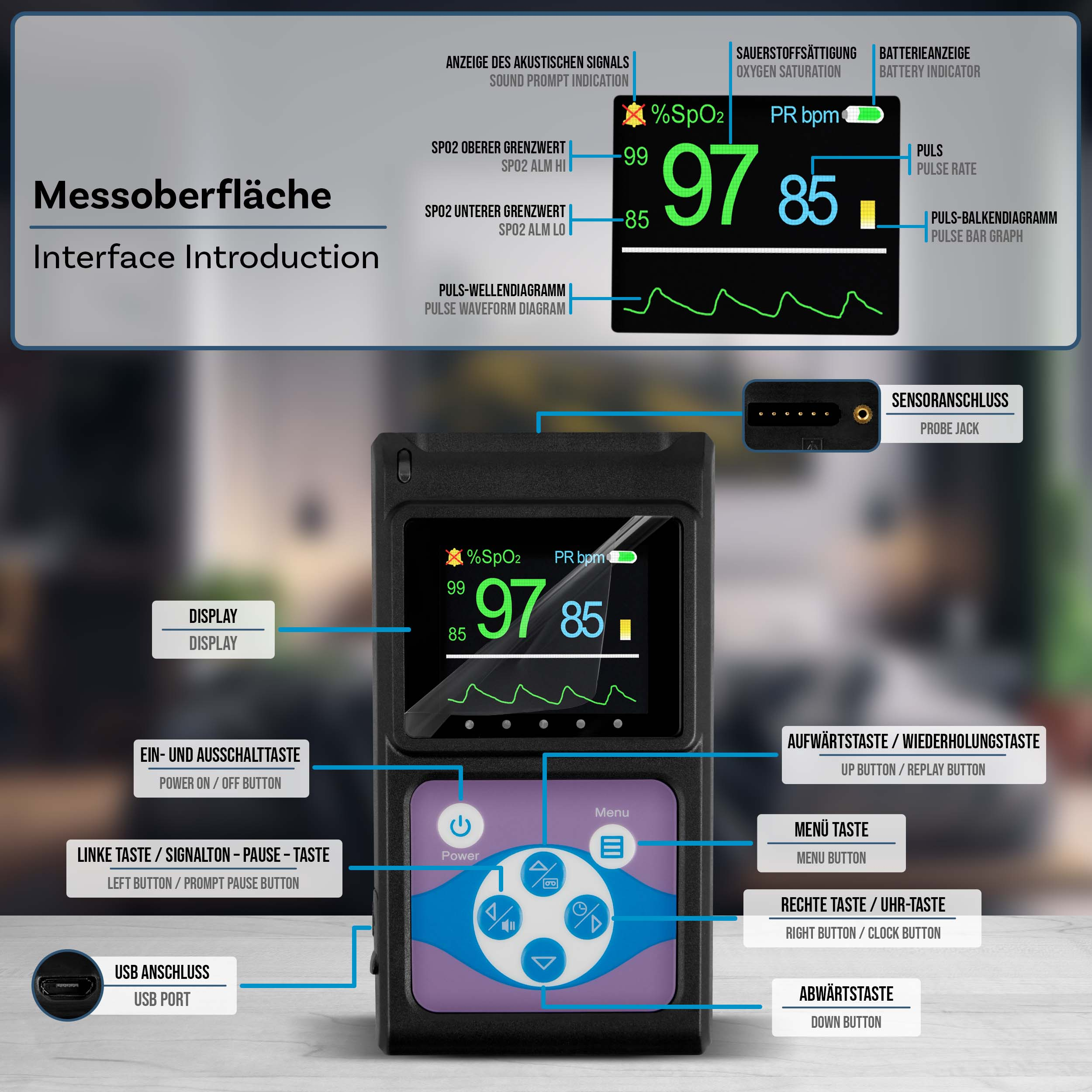 Interfaceinführung eines Geräts zur Messung von SpO2 und PR, mit beschrifteten Komponenten.