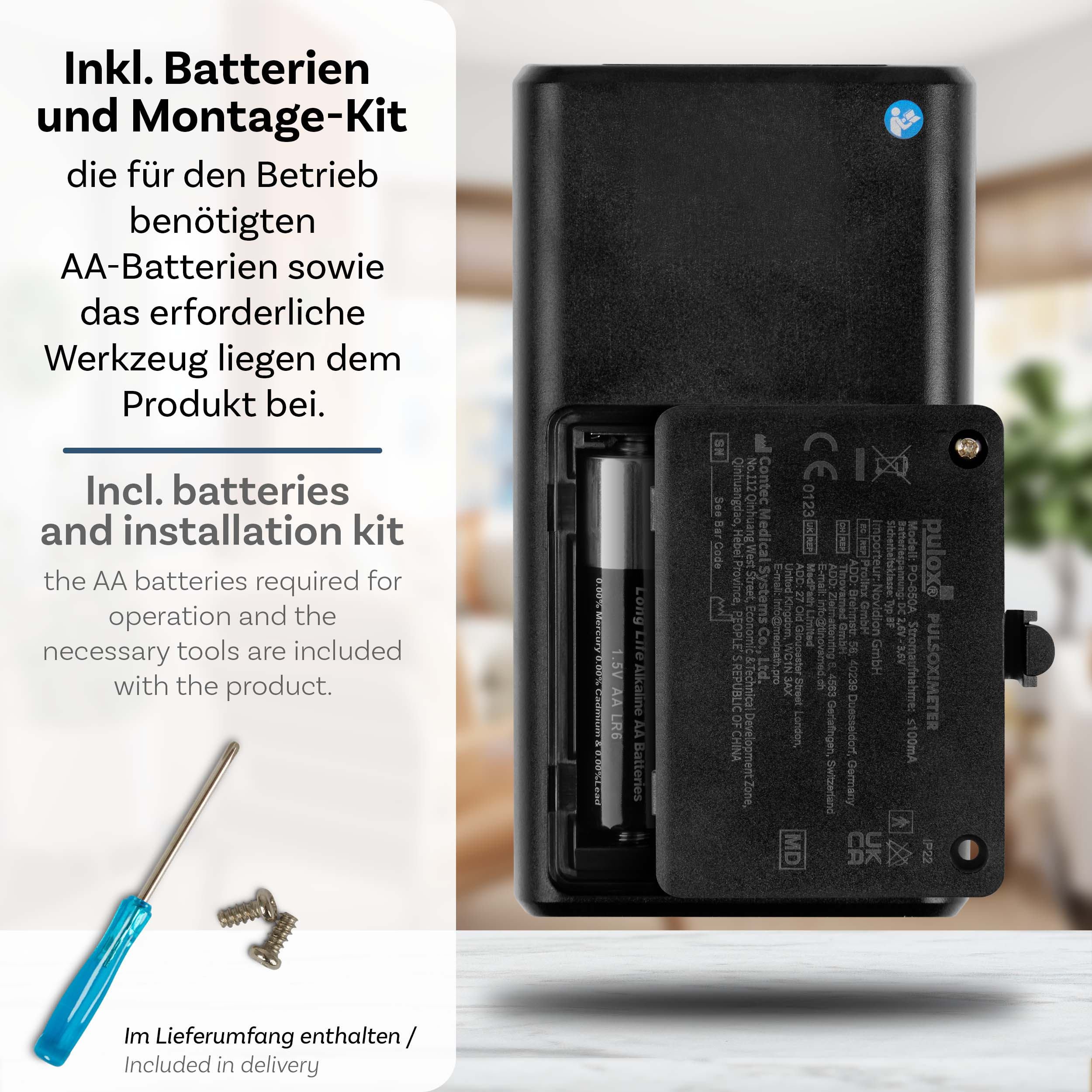 Schwarzes Gerät mit offenem Batteriefach, AA-Batterie, Schraubendreher und Schrauben.