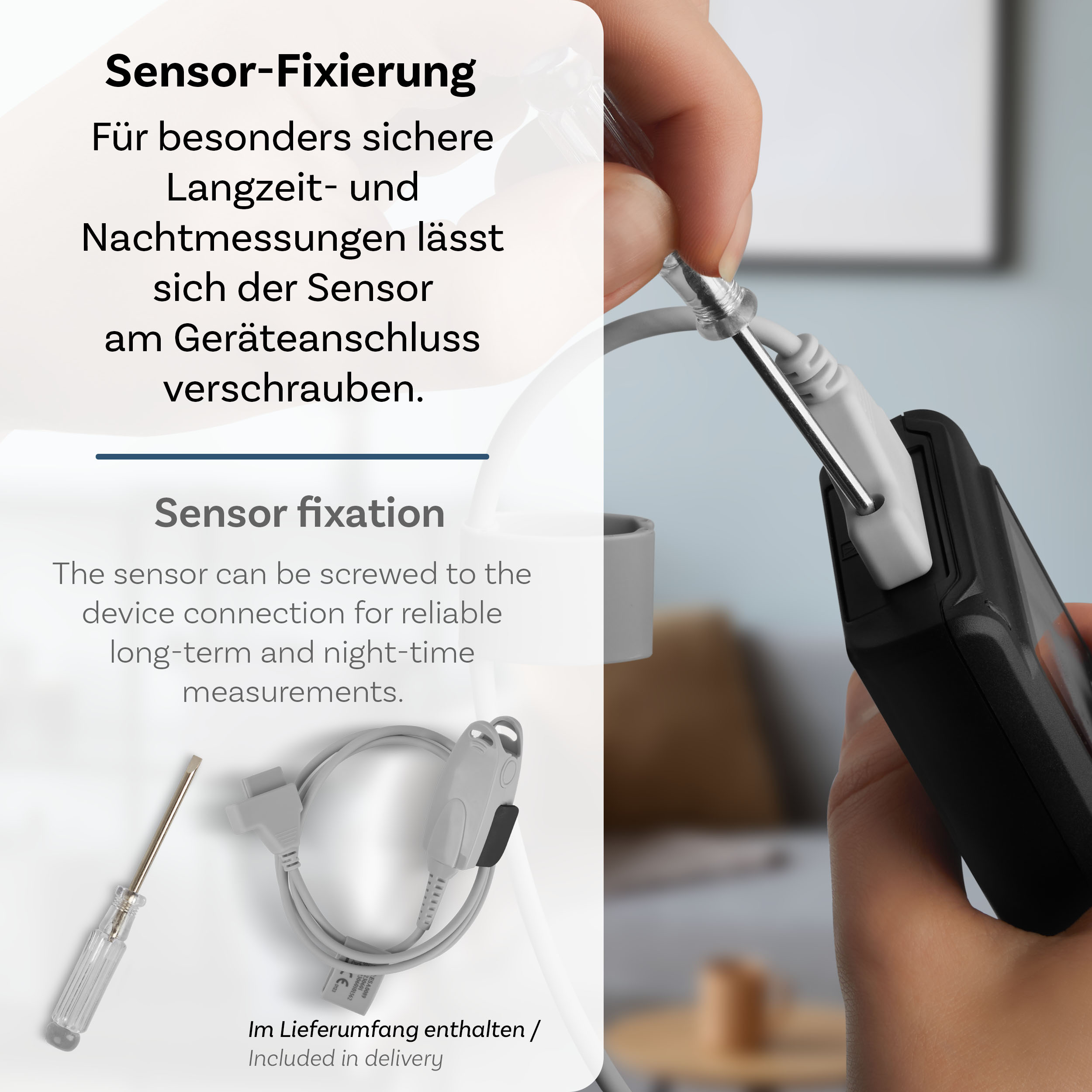 Ein Sensor, der mit einem Kabel an ein Gerät angeschlossen ist, mit einem Schraubendreher. Text auf Deutsch und Englisch.