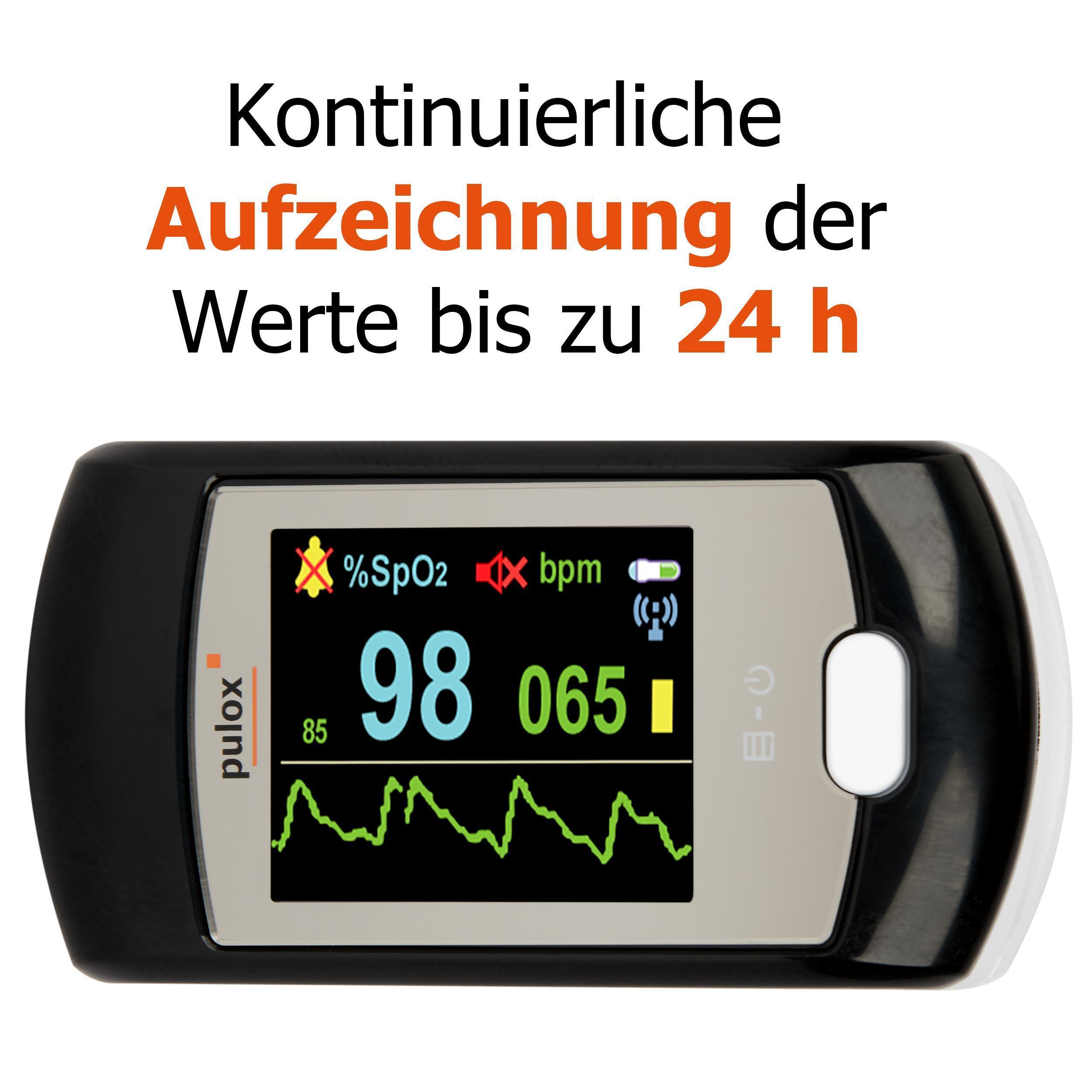 Ein schwarz-weißes Oximeter mit digitaler Anzeige von SpO2, bpm und einer Wellenform.