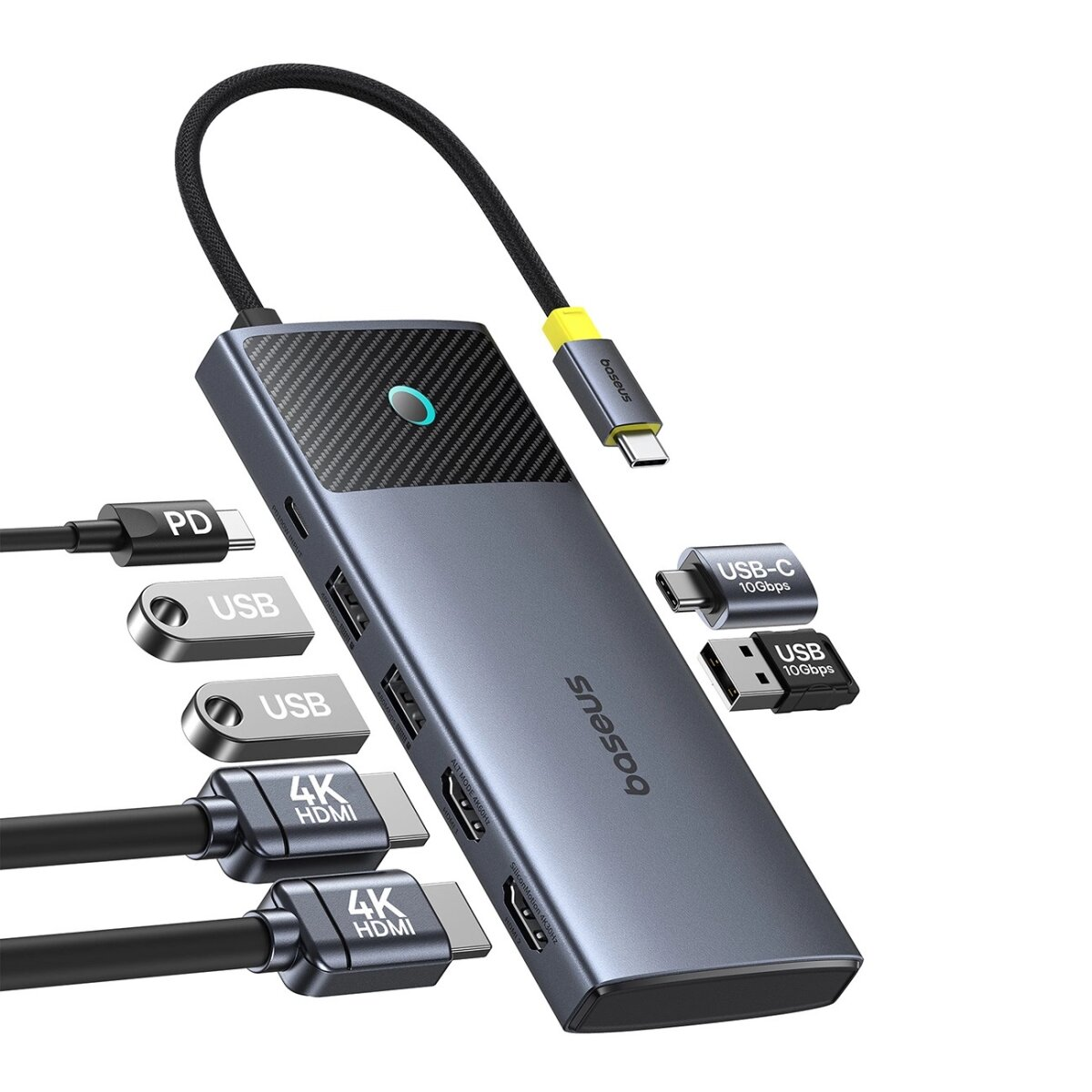 Ein grauer USB-Hub mit mehreren Anschlüssen und angeschlossenen Kabeln.